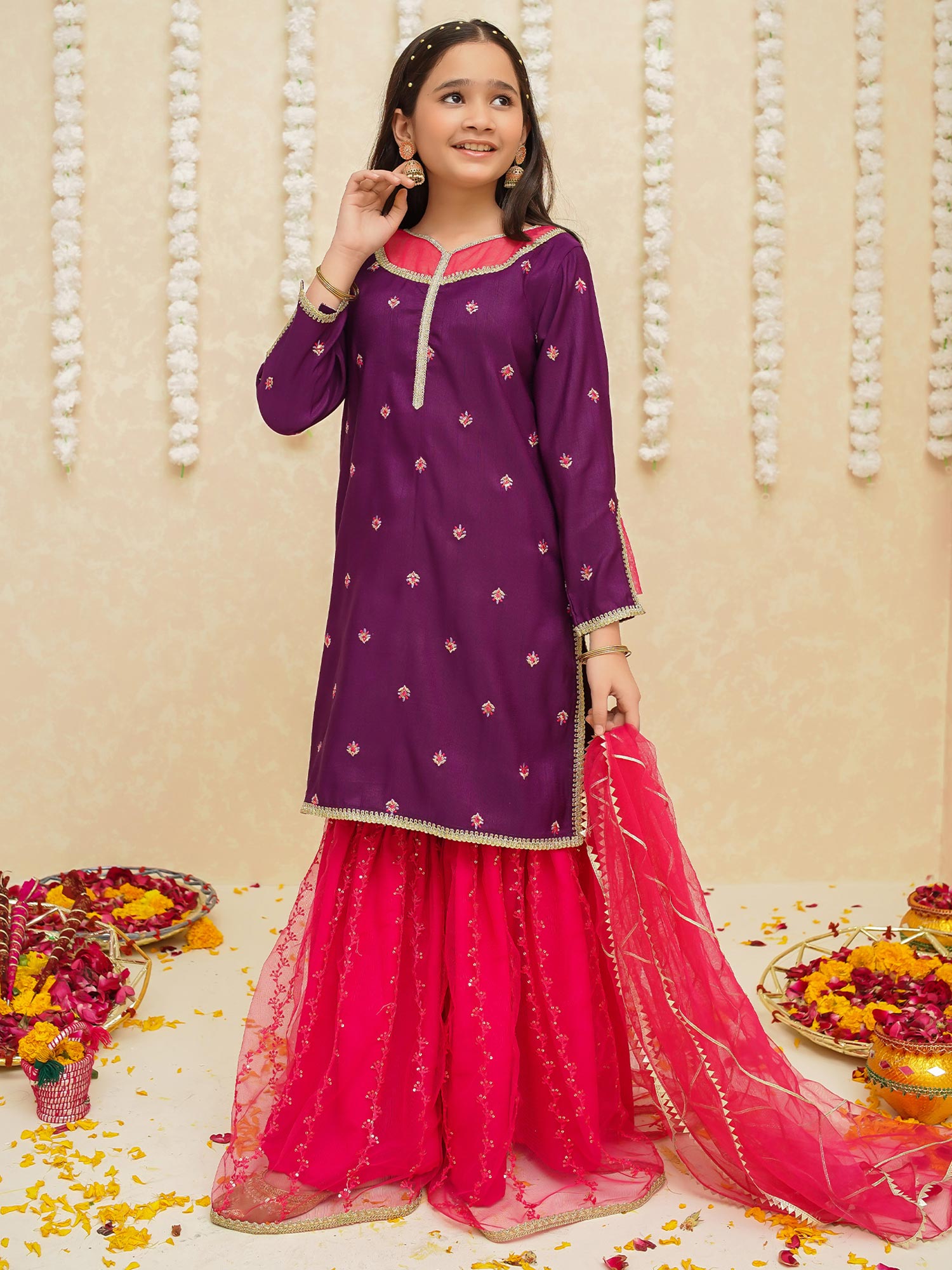 Kids Purple & Pink Rawsilk 3-Piece Sharara Suit