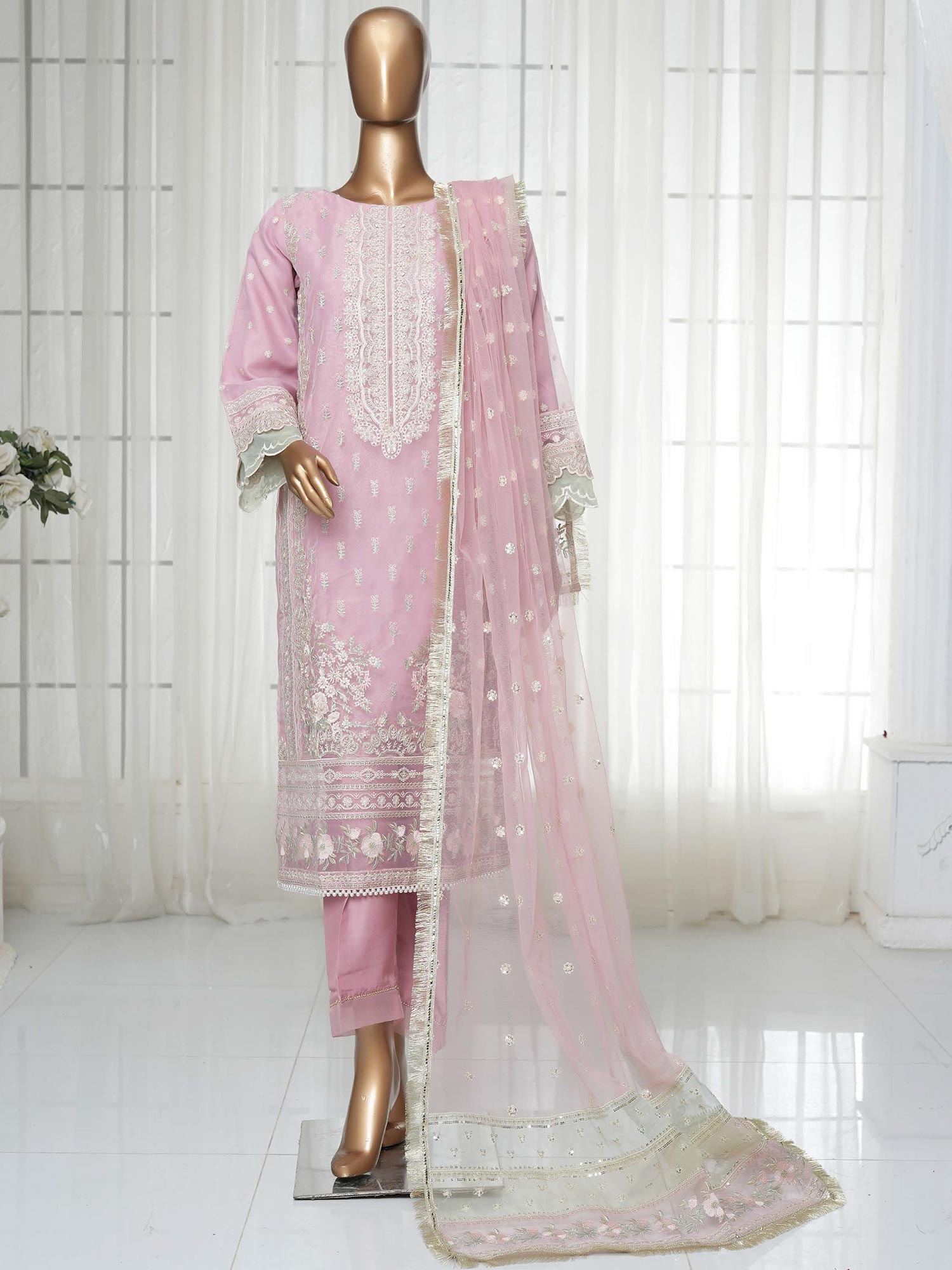 Sadabahar "Mahpara" Organza Embroidered Suit - Pink