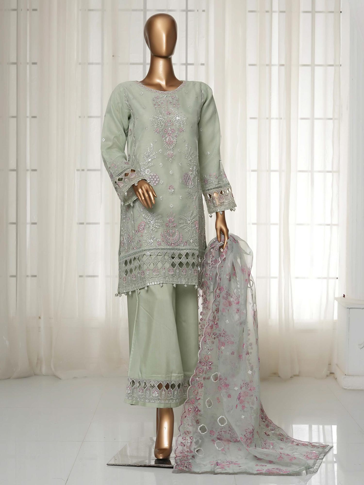 Sadabahar "Mahpara" Organza Embroidered Suit - Green