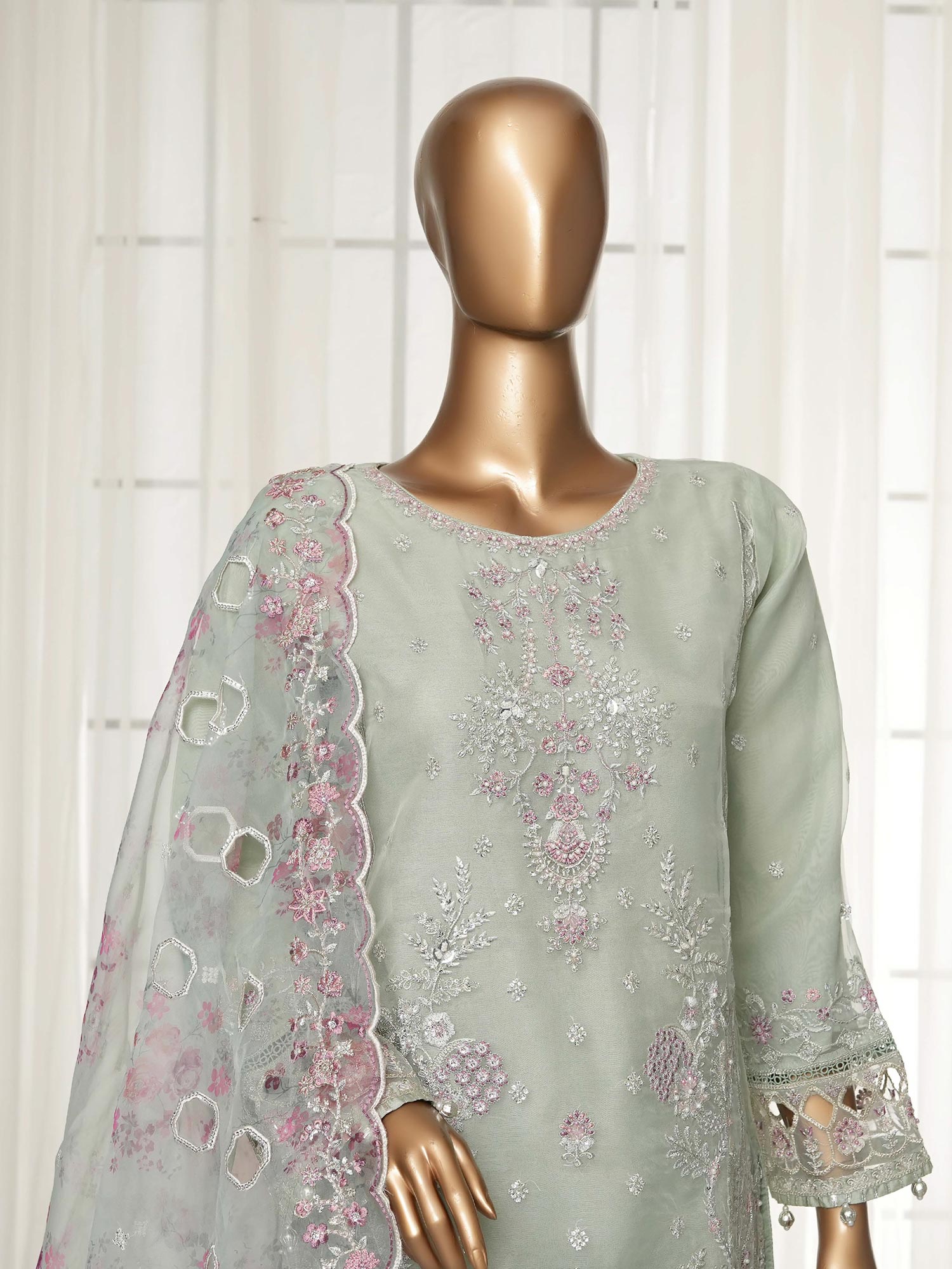 Sadabahar "Mahpara" Organza Embroidered Suit - Green