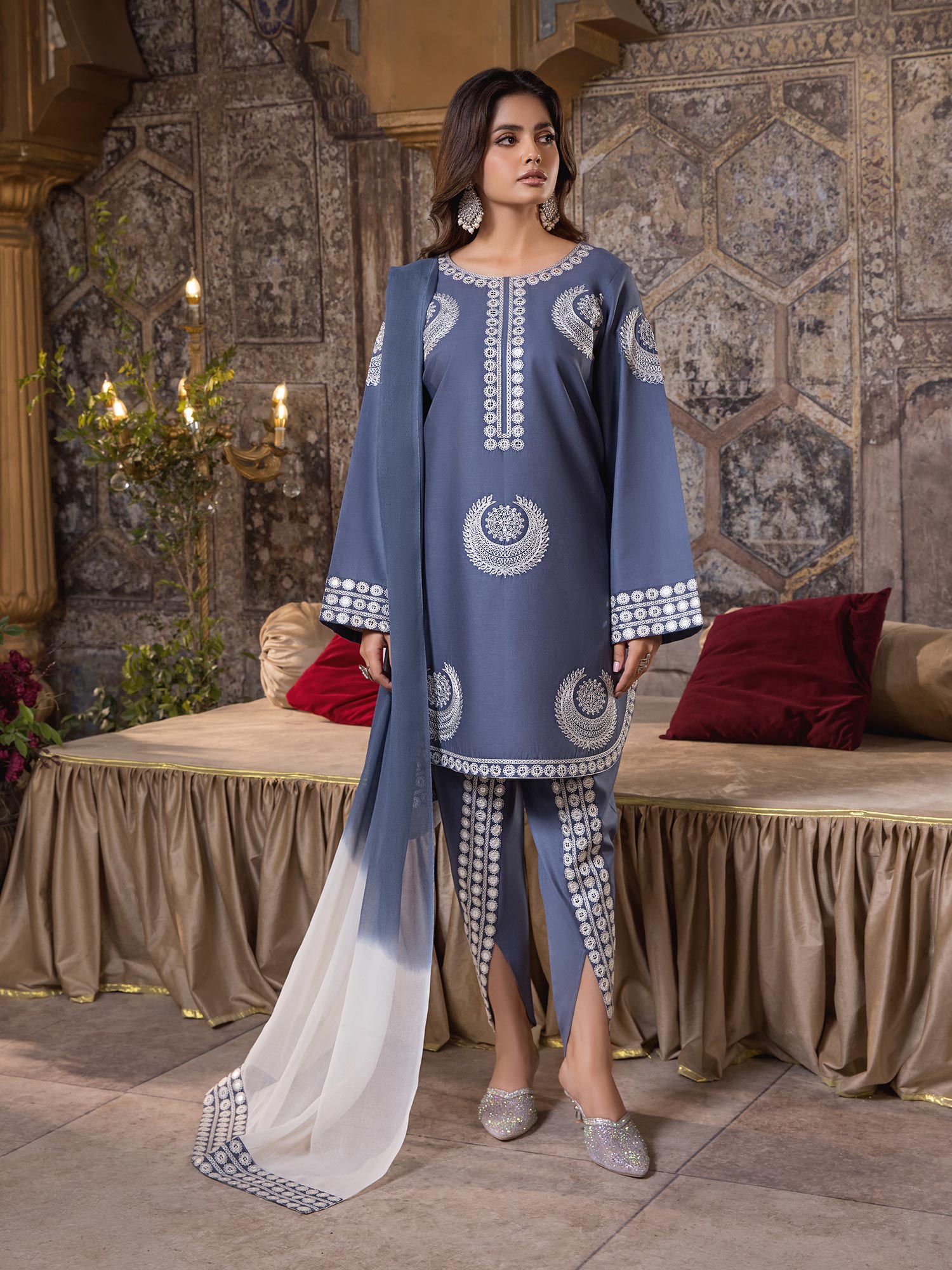 Heera's Blue-Grey Luxury Embroidered 3-Piece Suit