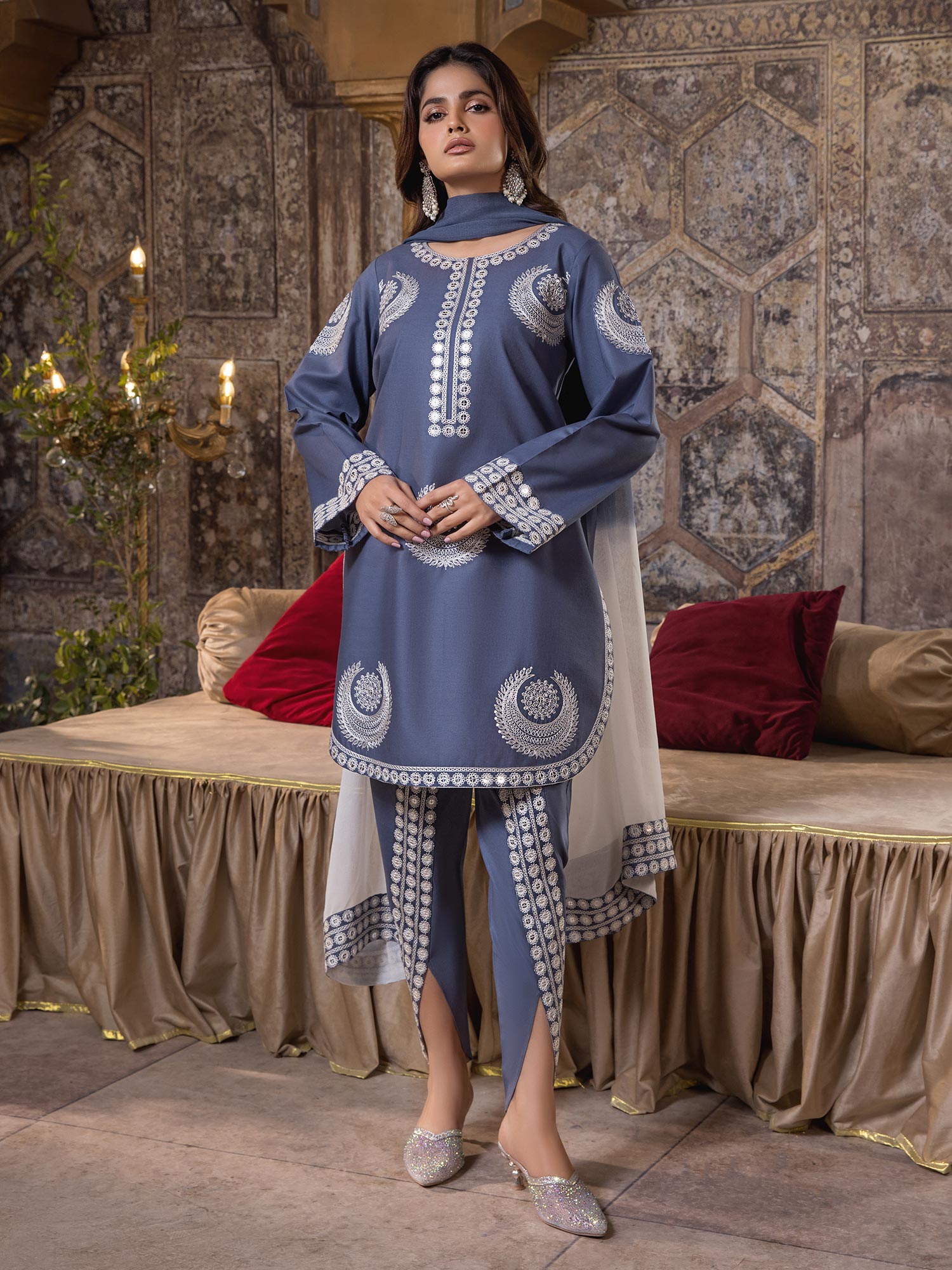 Heera's Blue-Grey Luxury Embroidered 3-Piece Suit