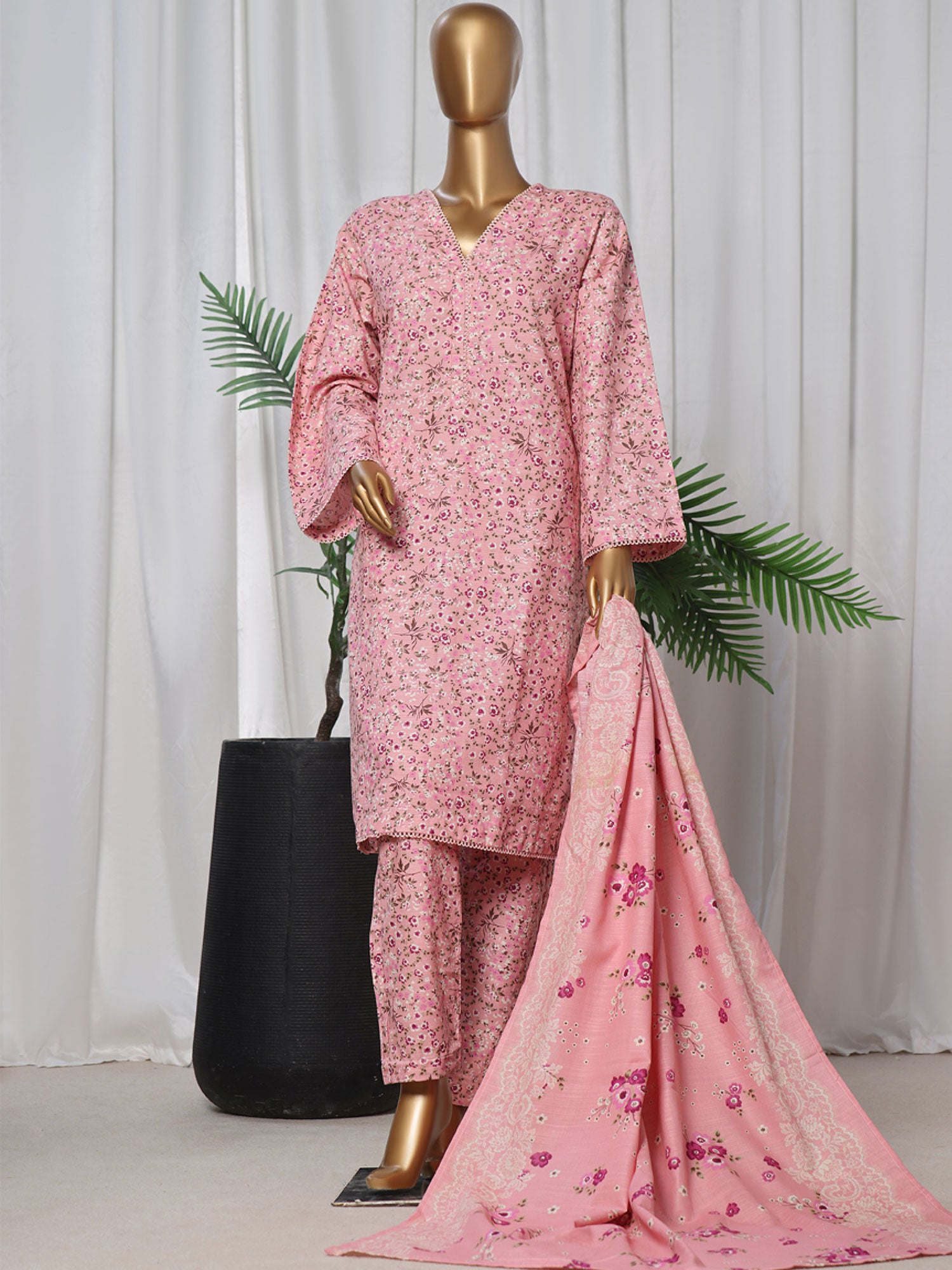 Bin Saeed Khaddar Pink Printed 3-Piece Suit