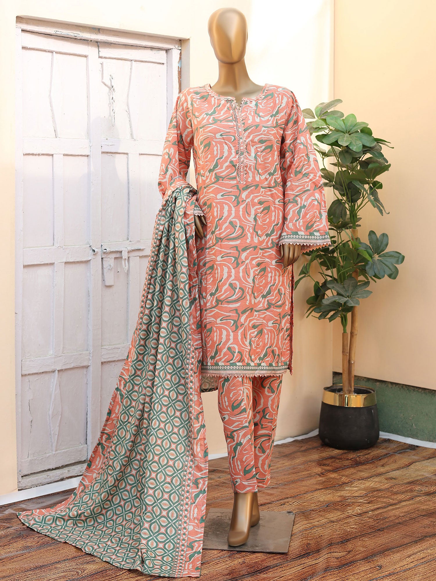 Bin Saeed Khaddar Coral Pink 3-Piece Suit