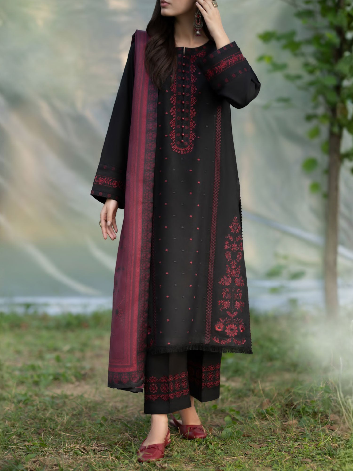 Casual Lite "Khunki" Premium Dhanak Suit with Pashmina Shawl - Black