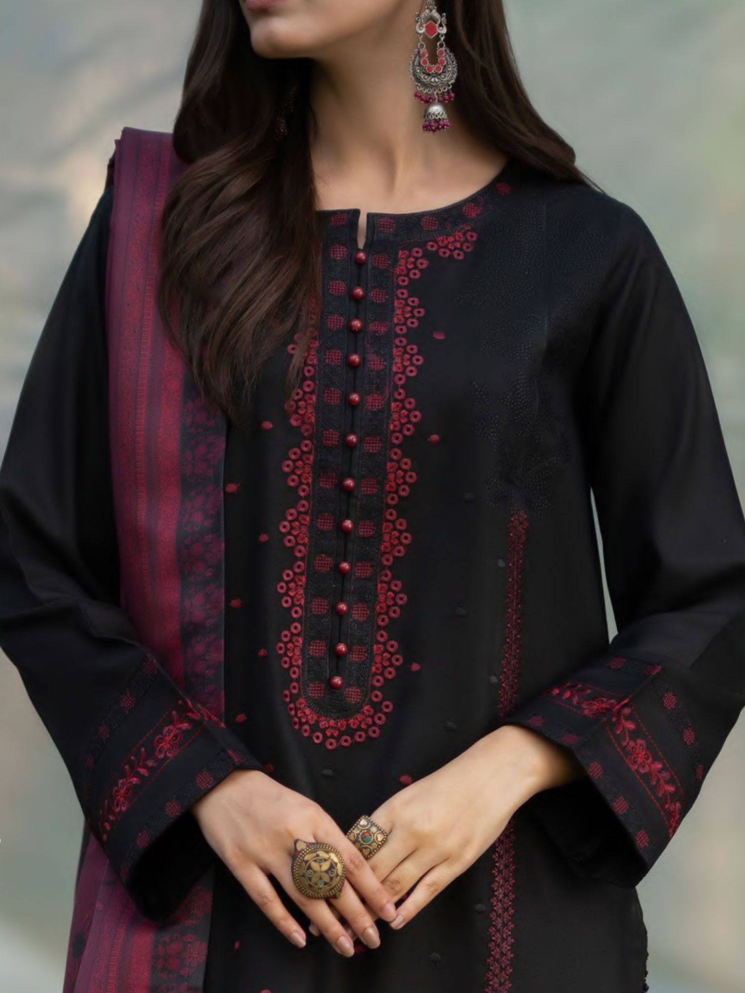 Casual Lite "Khunki" Premium Dhanak Suit with Pashmina Shawl - Black