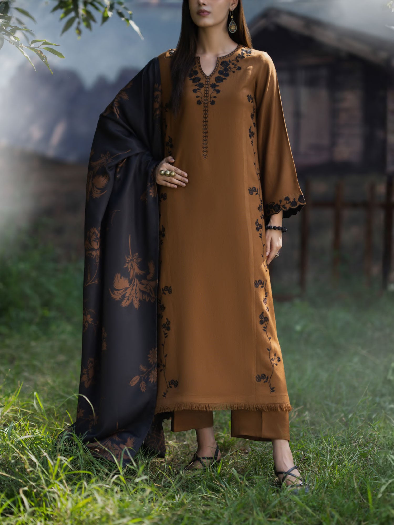 Casual Lite "Khunki" Premium Dhanak Suit with Pashmina Shawl - Rust
