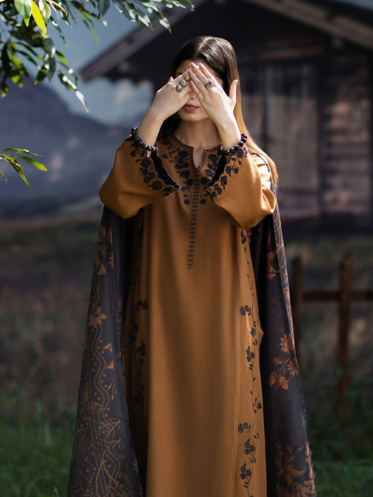 Casual Lite "Khunki" Premium Dhanak Suit with Pashmina Shawl - Rust