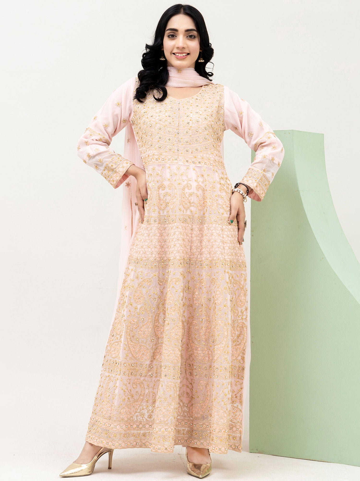 Rangz Pink Luxury Chiffon Embroidered 3-Piece Maxi Suit