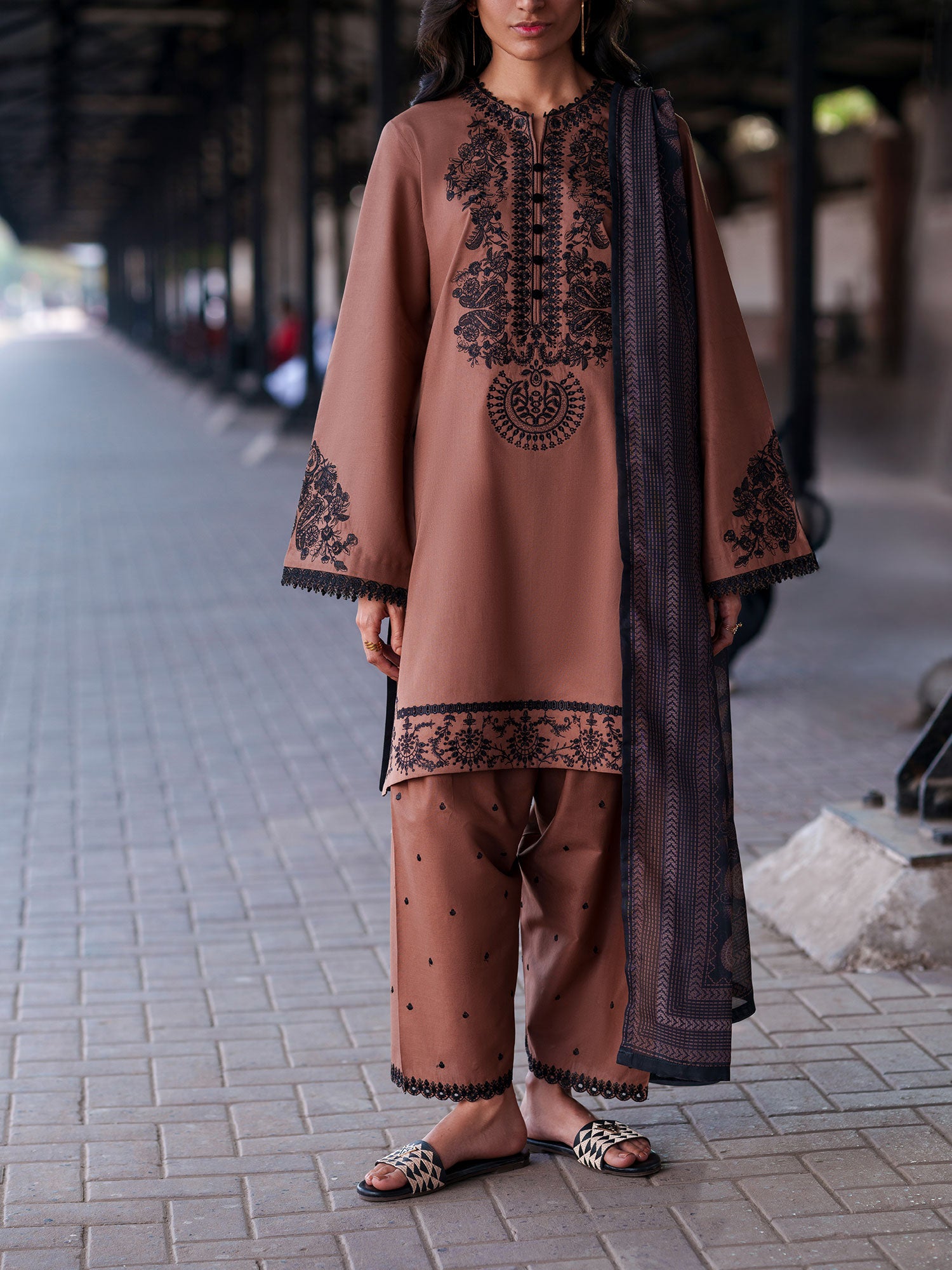 Casual Lite "Safarnama" Premium Embroidered Lawn Suit - Brown