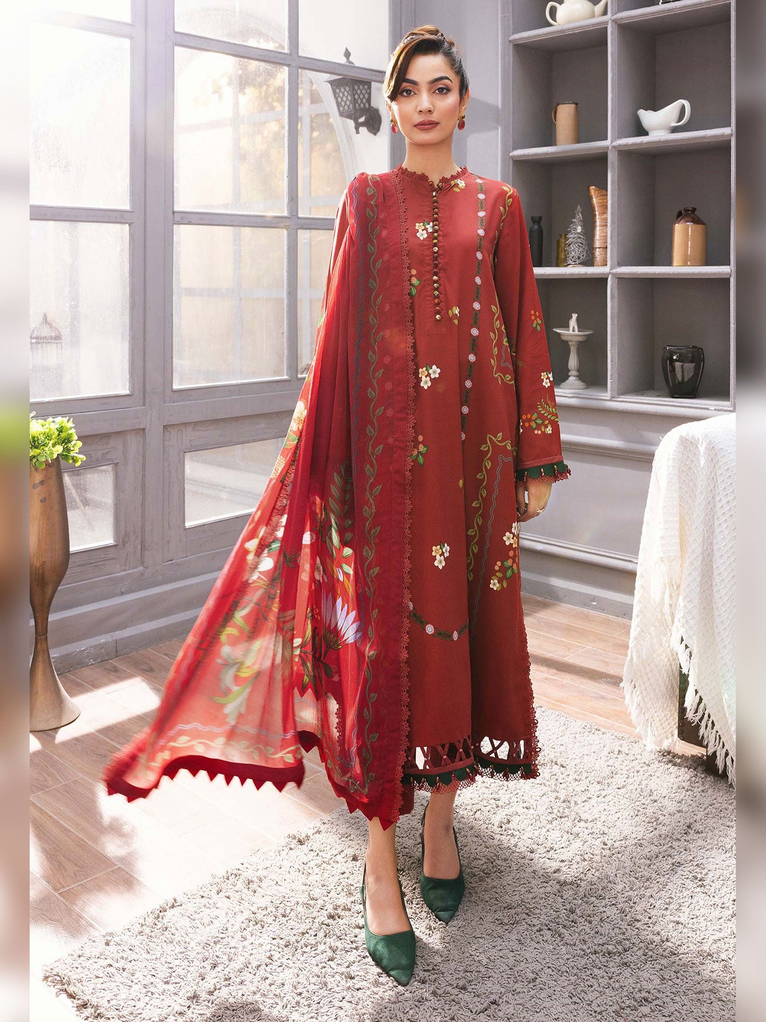 Maria.B Unstitched Marina Twill Suit (MB-CUS25-1105A) - Red