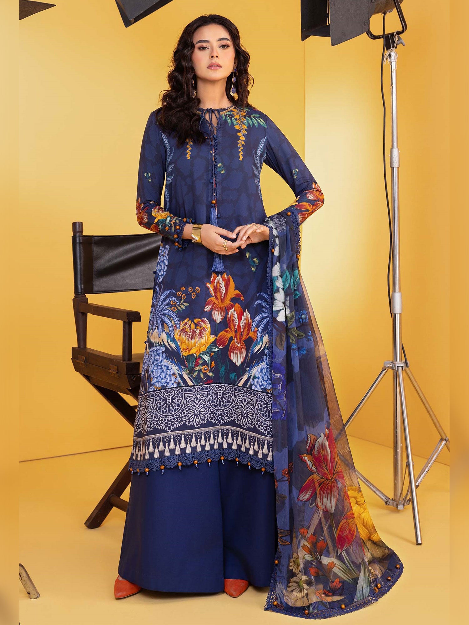 Maria.B Unstitched Winter Linen Suit (MB-CUS25-1109B) - Blue