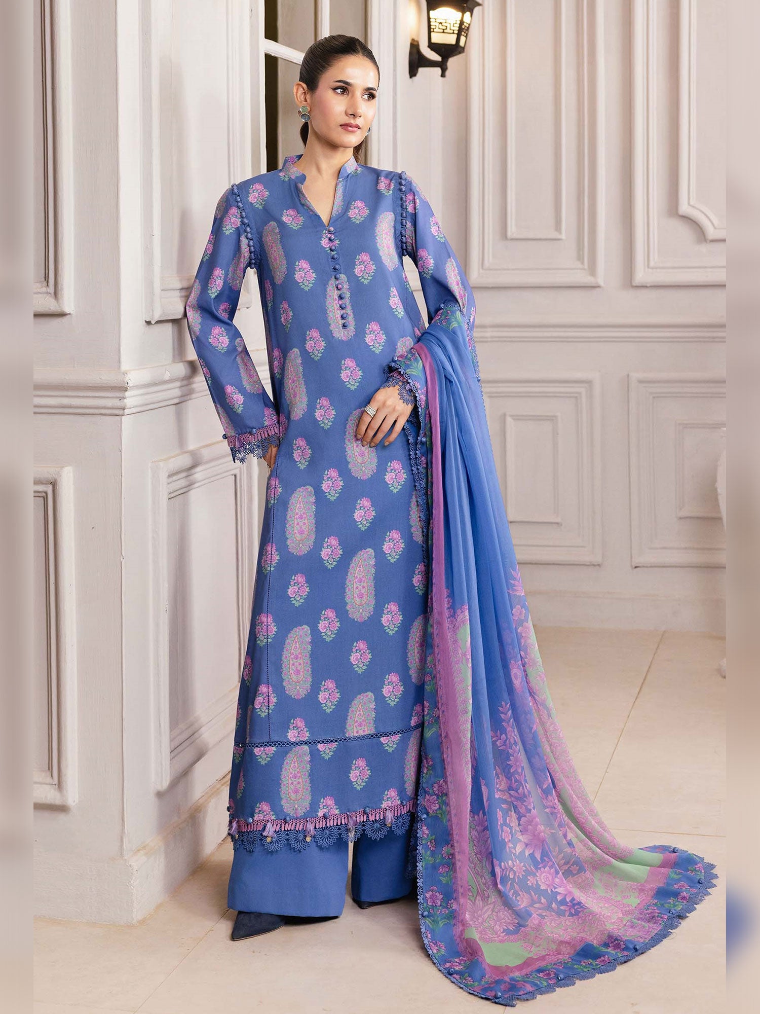 Maria.B Unstitched Winter Linen Suit (MB-CUS25-1110B) - Blue