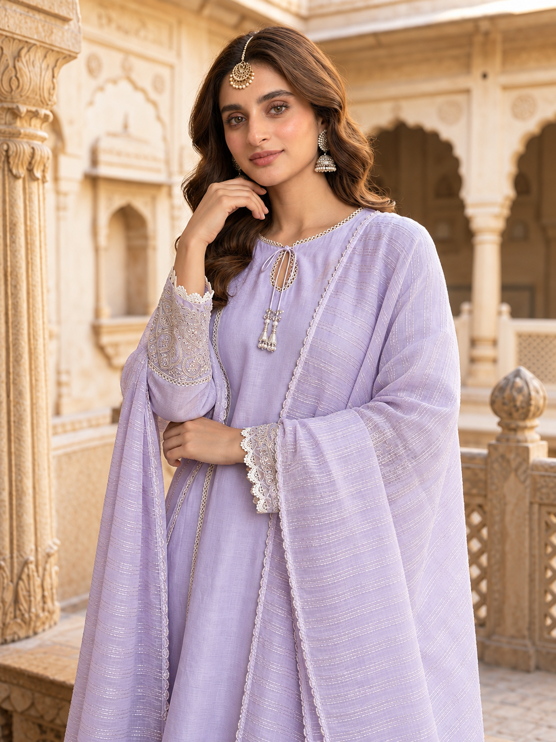 Arfa Riwaj Embroidered Raw Silk 3-Piece Suit - Lilac