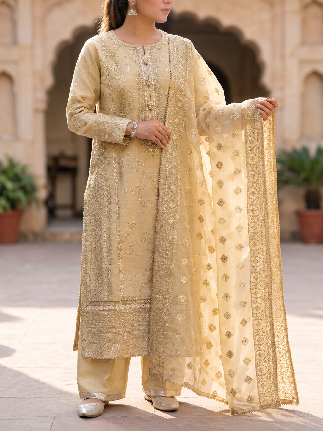 Arfa Riwaj Embroidered Cream Poly Slub 3-Piece Suit