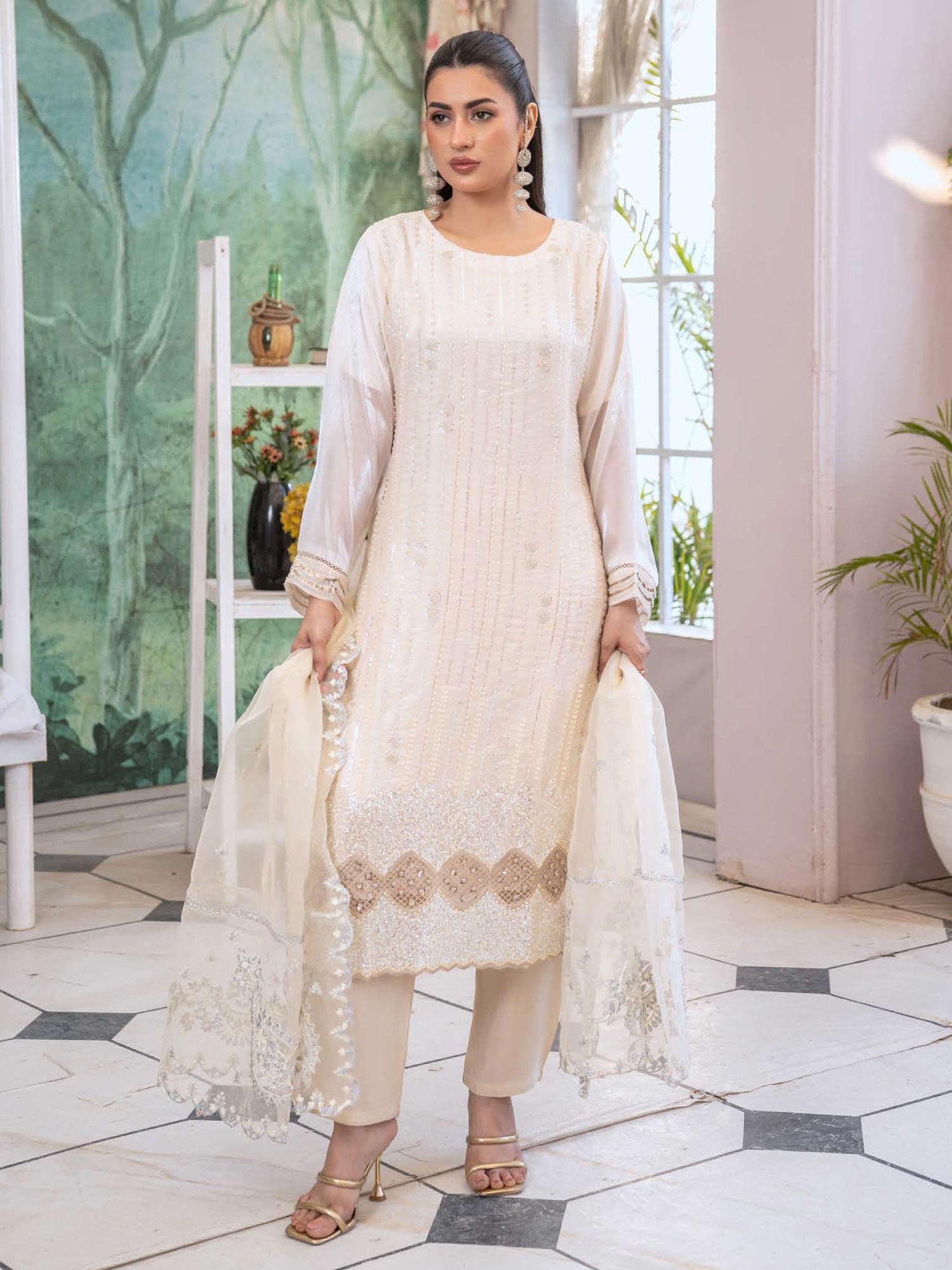 Rangz Sheesha Silk Lux 3-Piece Suit - Cream