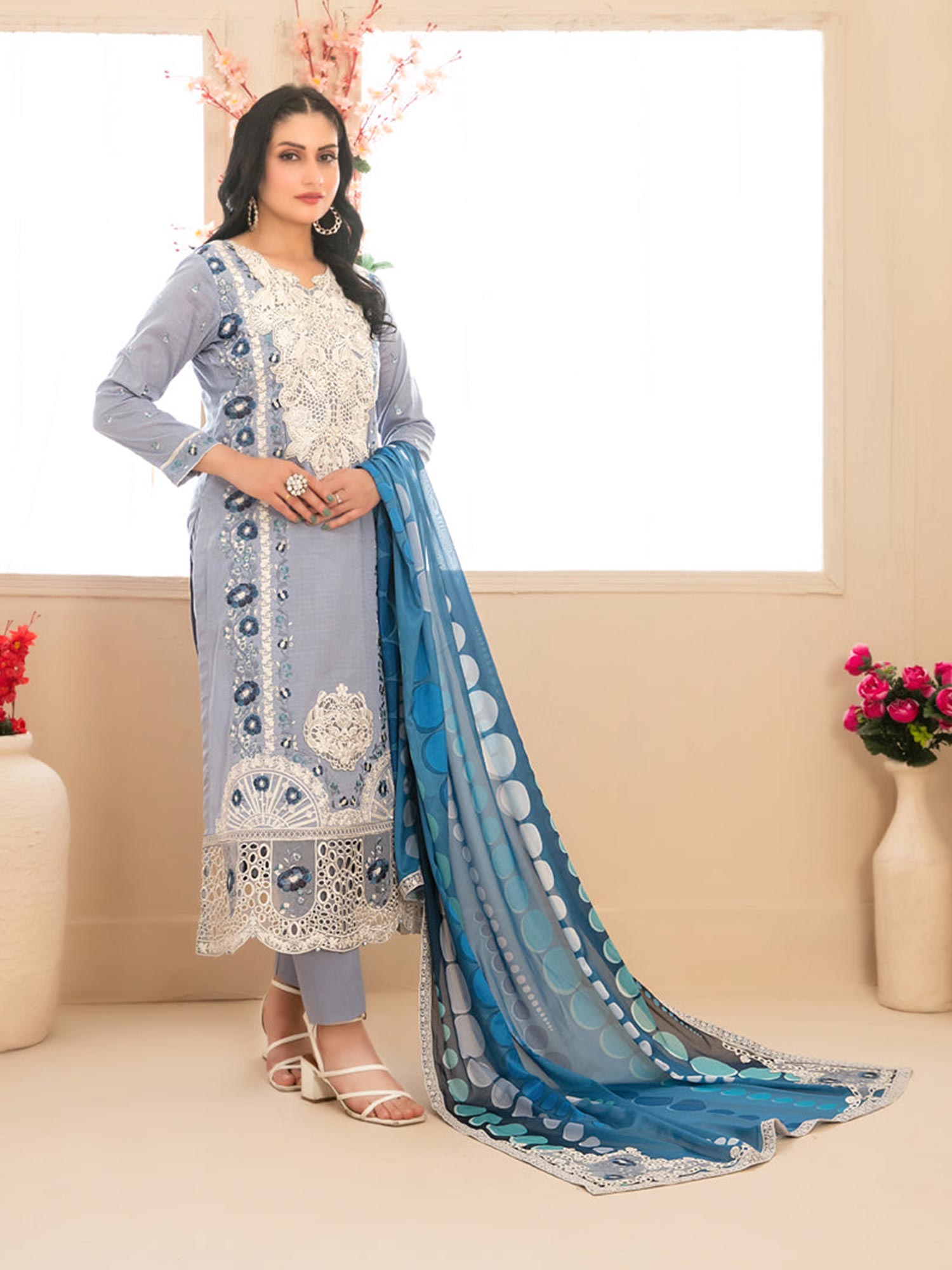 Tawakkal "Saiba" Embroidered Semi-Stitched Suit (D1153) - Blue-Grey