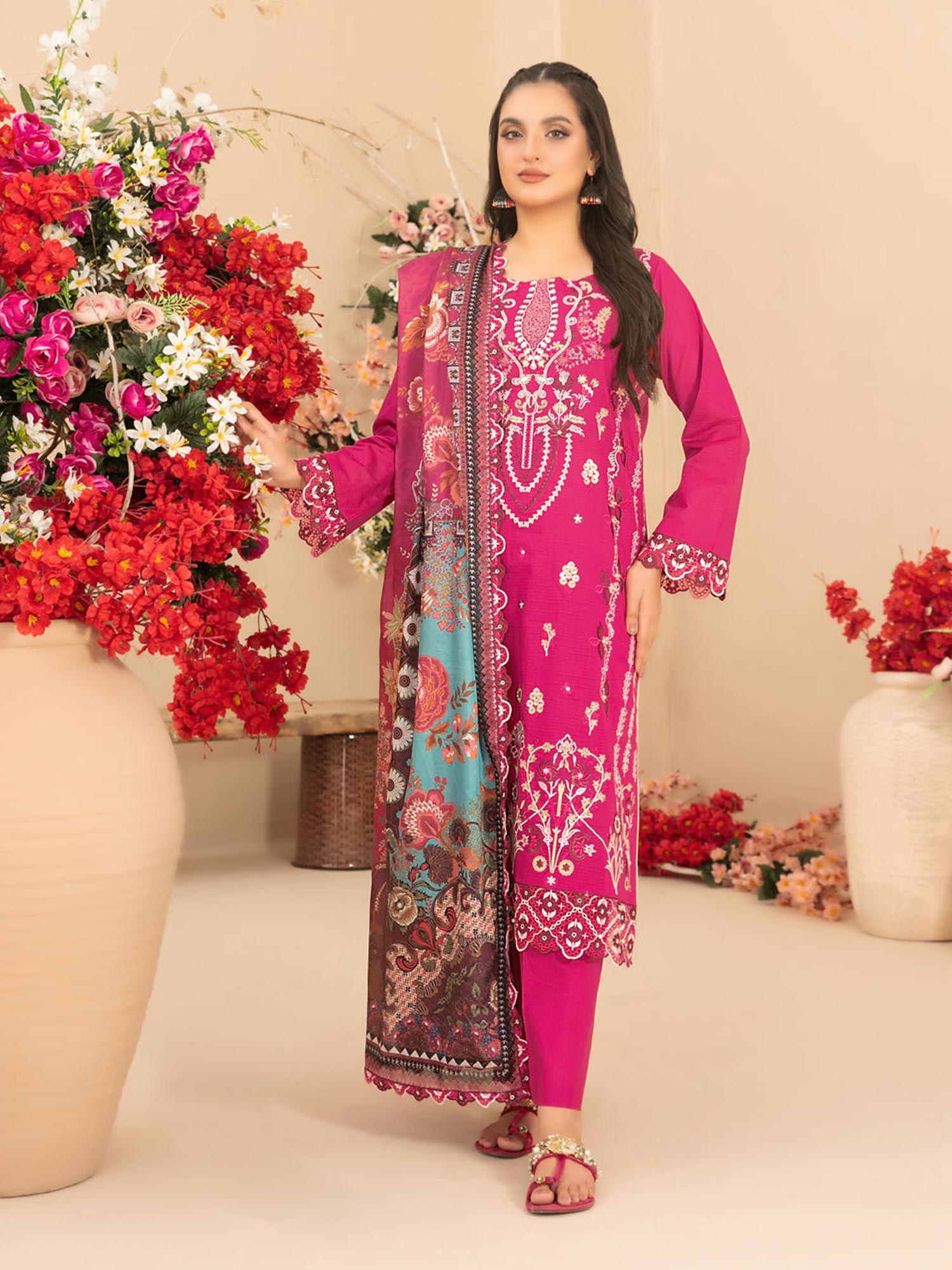 Tawakkal "Saiba" Embroidered Semi-Stitched Suit (D1155) - Pink