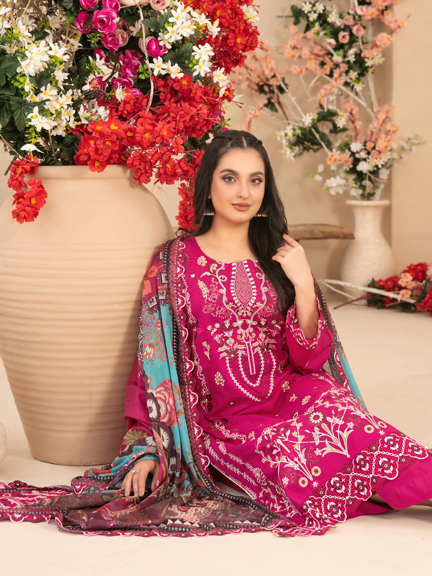 Tawakkal "Saiba" Embroidered Semi-Stitched Suit (D1155) - Pink