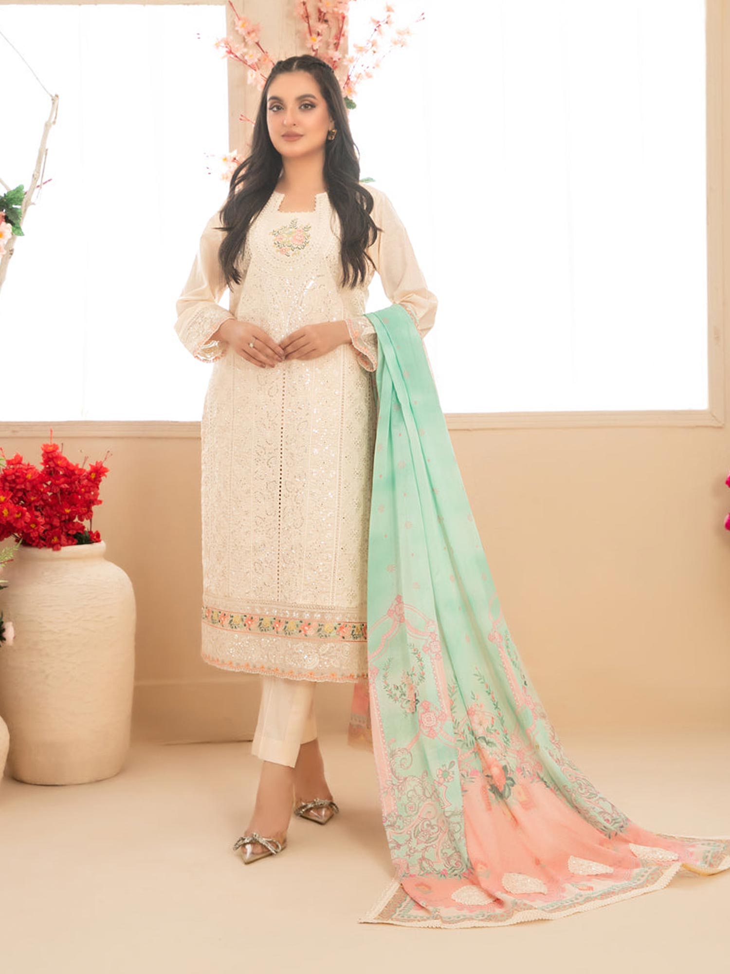Tawakkal "Saiba" Embroidered Semi-Stitched Suit (D1158) - Cream