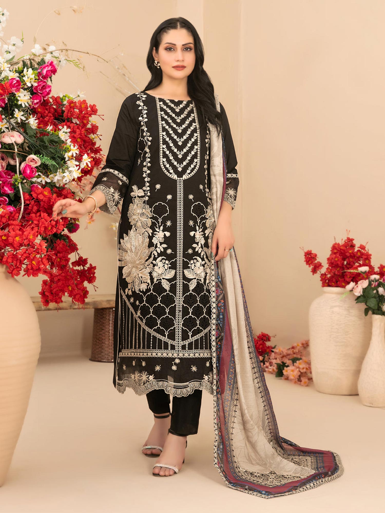 Tawakkal "Saiba" Embroidered Semi-Stitched Suit (D1160) - Black