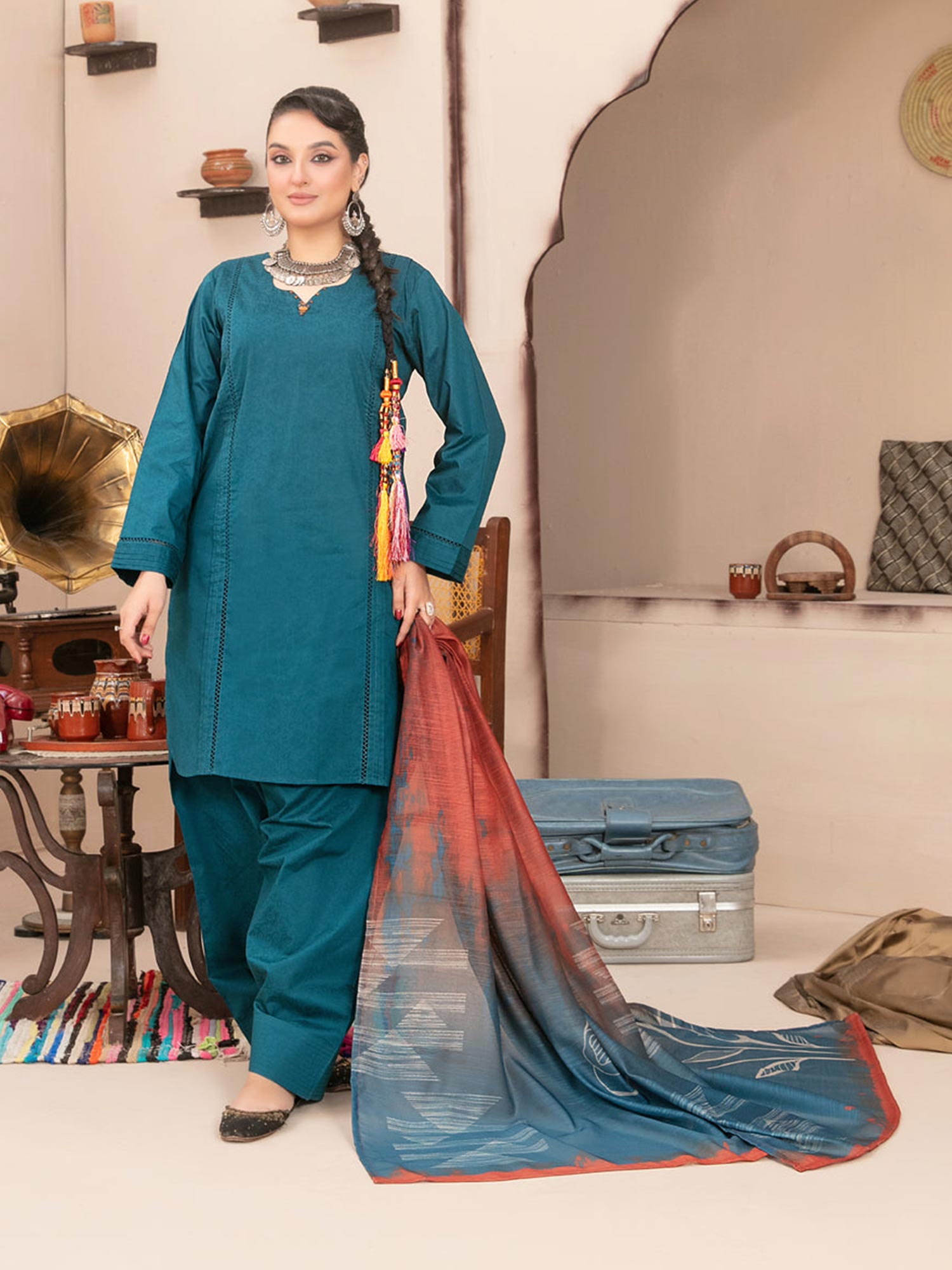 Tawakkal "Pushpa" Cotton Jacquard Farshi Shalwar Suit (D1537) - Teal