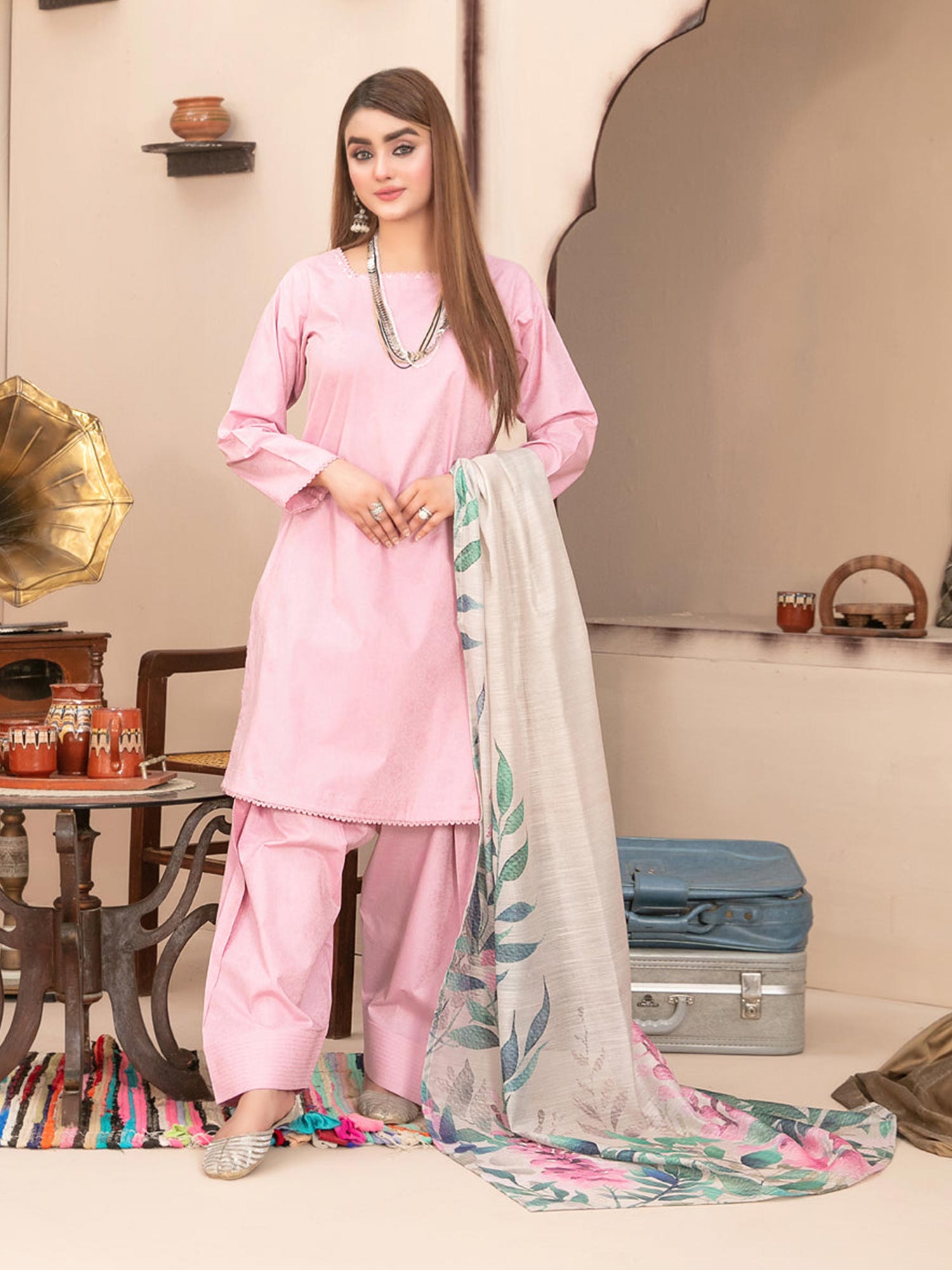 Tawakkal "Pushpa" Cotton Jacquard Farshi Shalwar Suit (D1538) - Light Pink