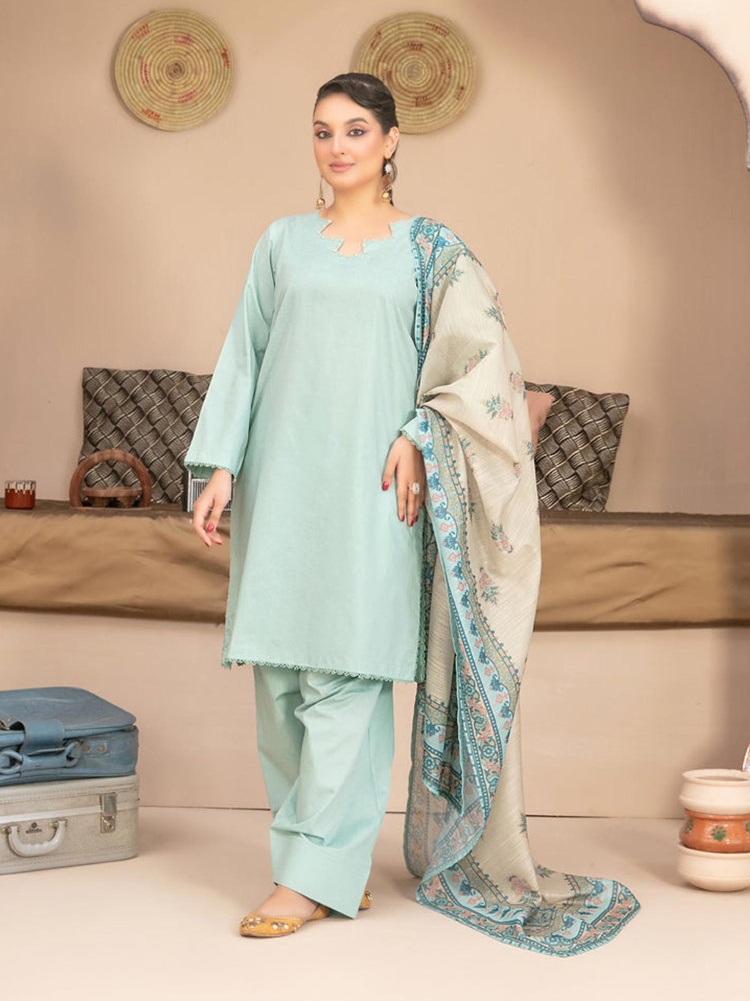Tawakkal "Pushpa" Cotton Jacquard Farshi Shalwar Suit (D1539) - Light Green