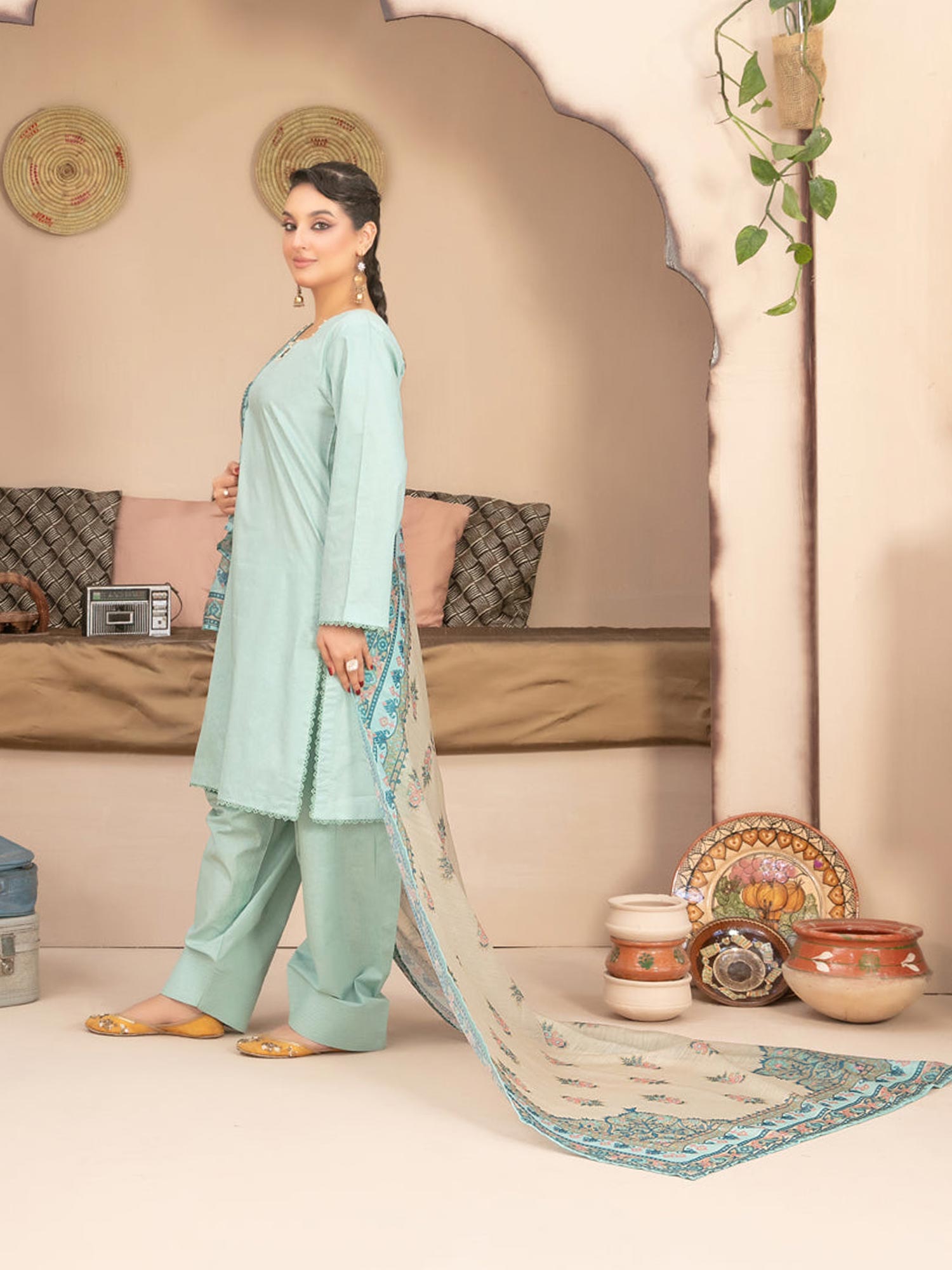 Tawakkal "Pushpa" Cotton Jacquard Farshi Shalwar Suit (D1539) - Light Green