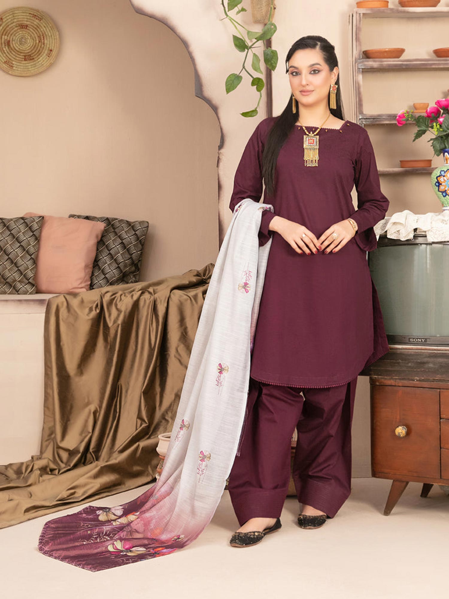 Tawakkal "Pushpa" Cotton Jacquard Farshi Shalwar Suit (D1541) - Maroon
