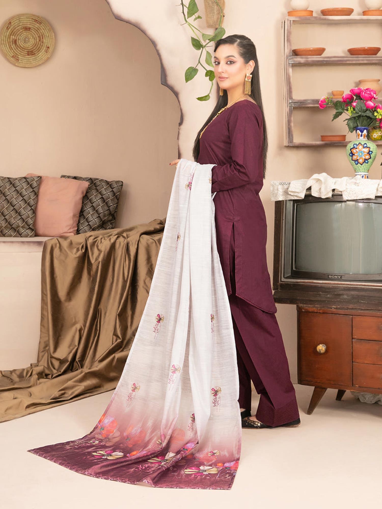 Tawakkal "Pushpa" Cotton Jacquard Farshi Shalwar Suit (D1541) - Maroon