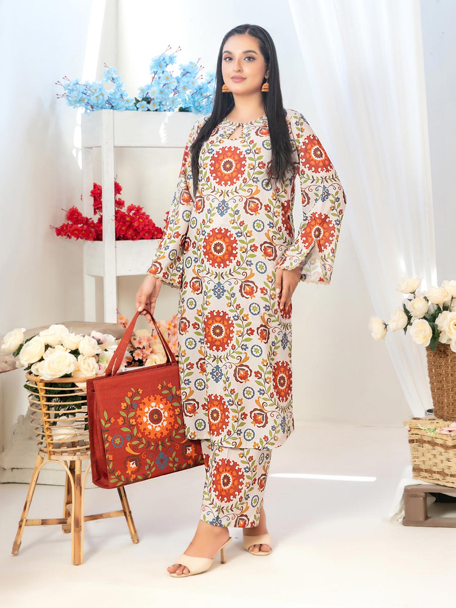 Tawakkal "Glo II" 2-Piece Swiss Lawn Suit + Bag (D1557) - Beige