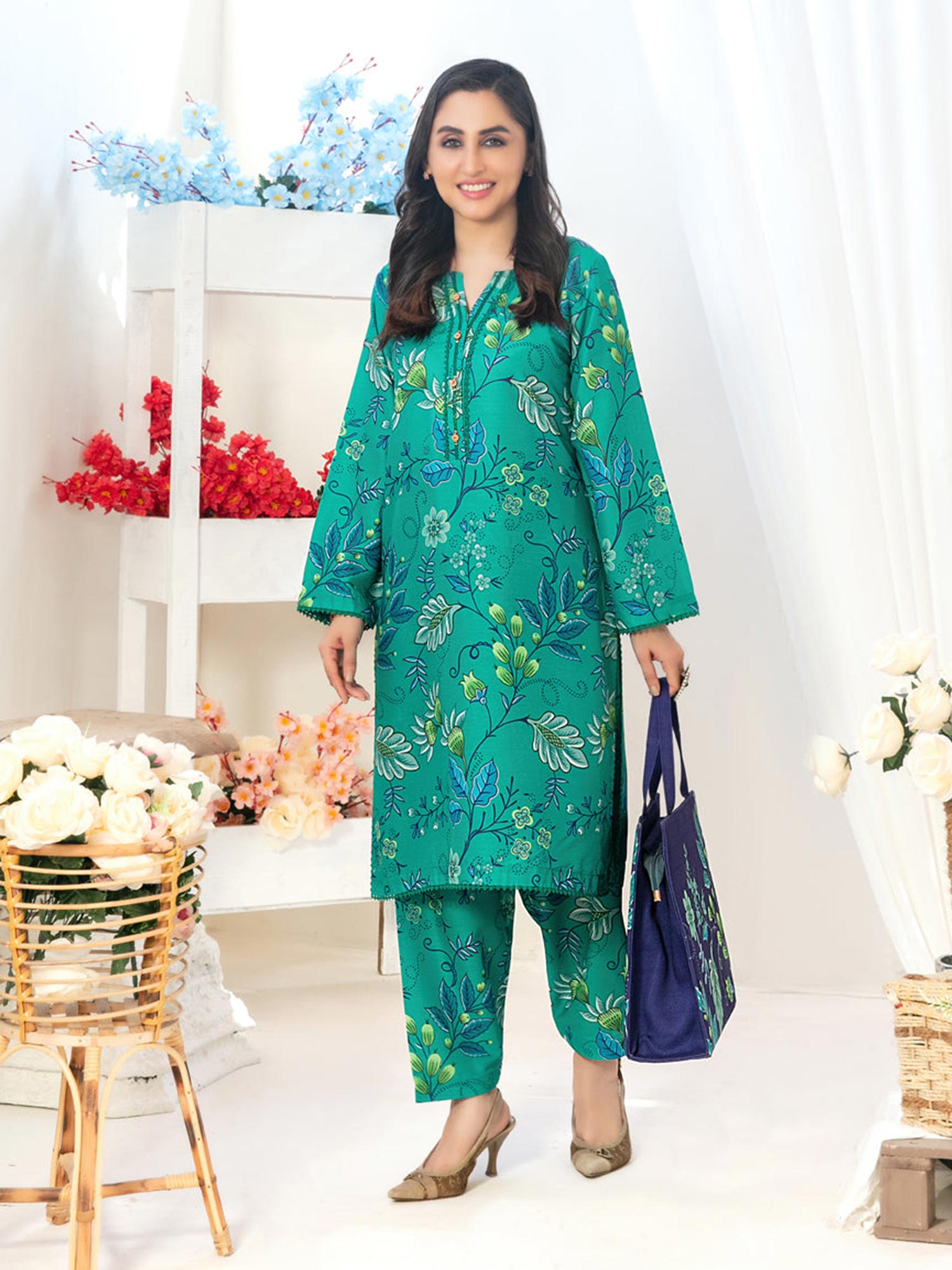 Tawakkal "Glo II" 2-Piece Swiss Lawn Suit + Bag (D1558) - Green