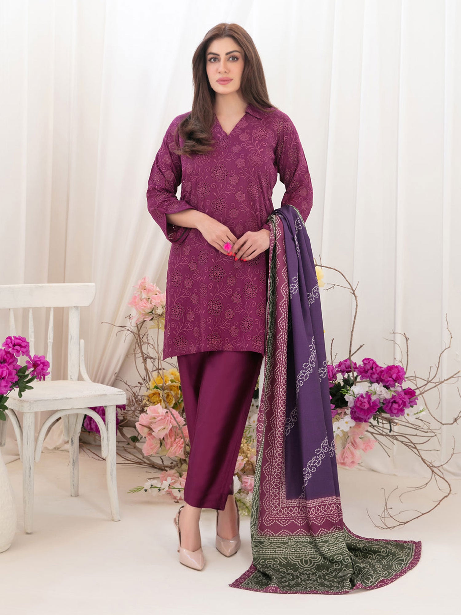 Tawakkal "Tabana" Embroidered Staple Linen Suit (D3712) - Burgundy