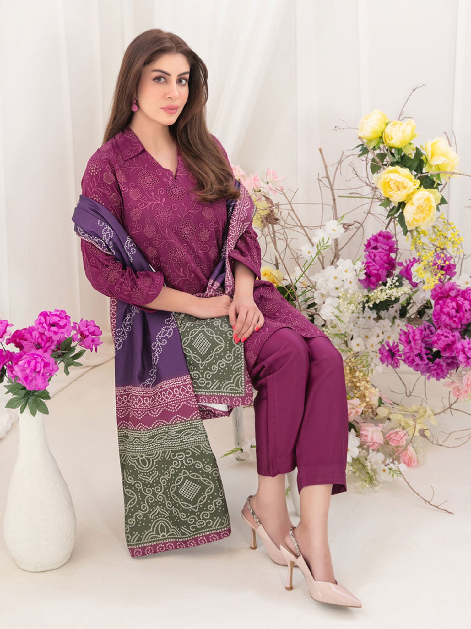 Tawakkal "Tabana" Embroidered Staple Linen Suit (D3712) - Burgundy