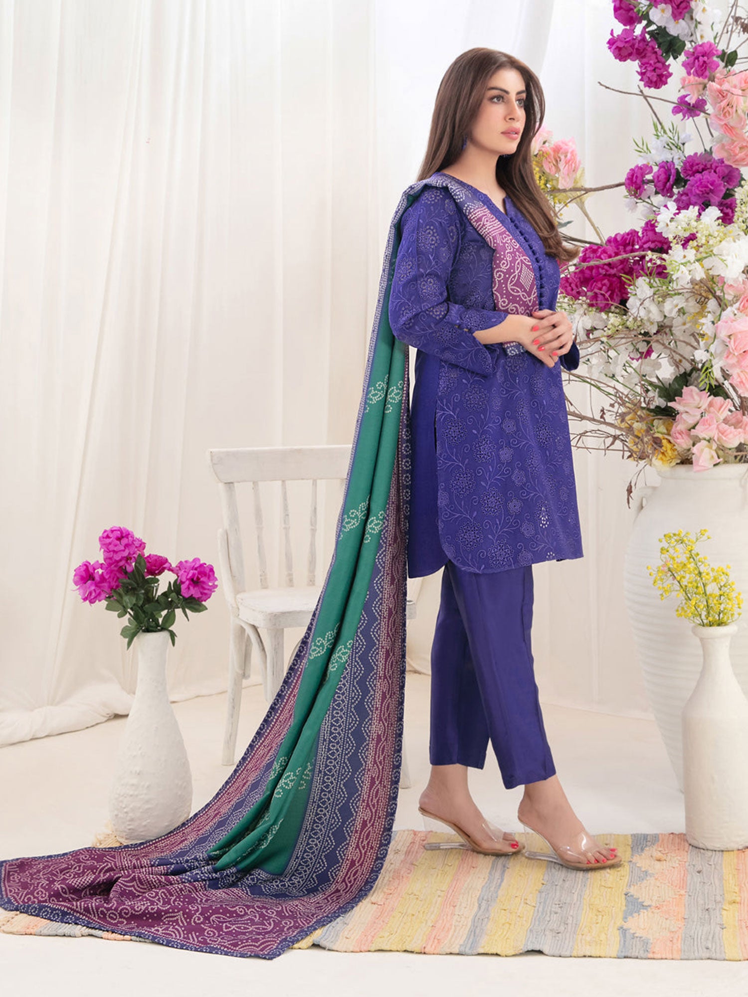 Tawakkal "Tabana" Embroidered Staple Linen Suit (D3713) - Cobalt Blue