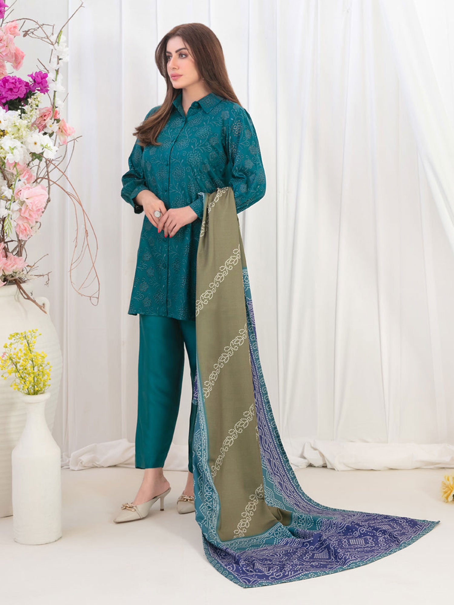 Tawakkal "Tabana" Embroidered Staple Linen Suit (D3714) - Teal Green