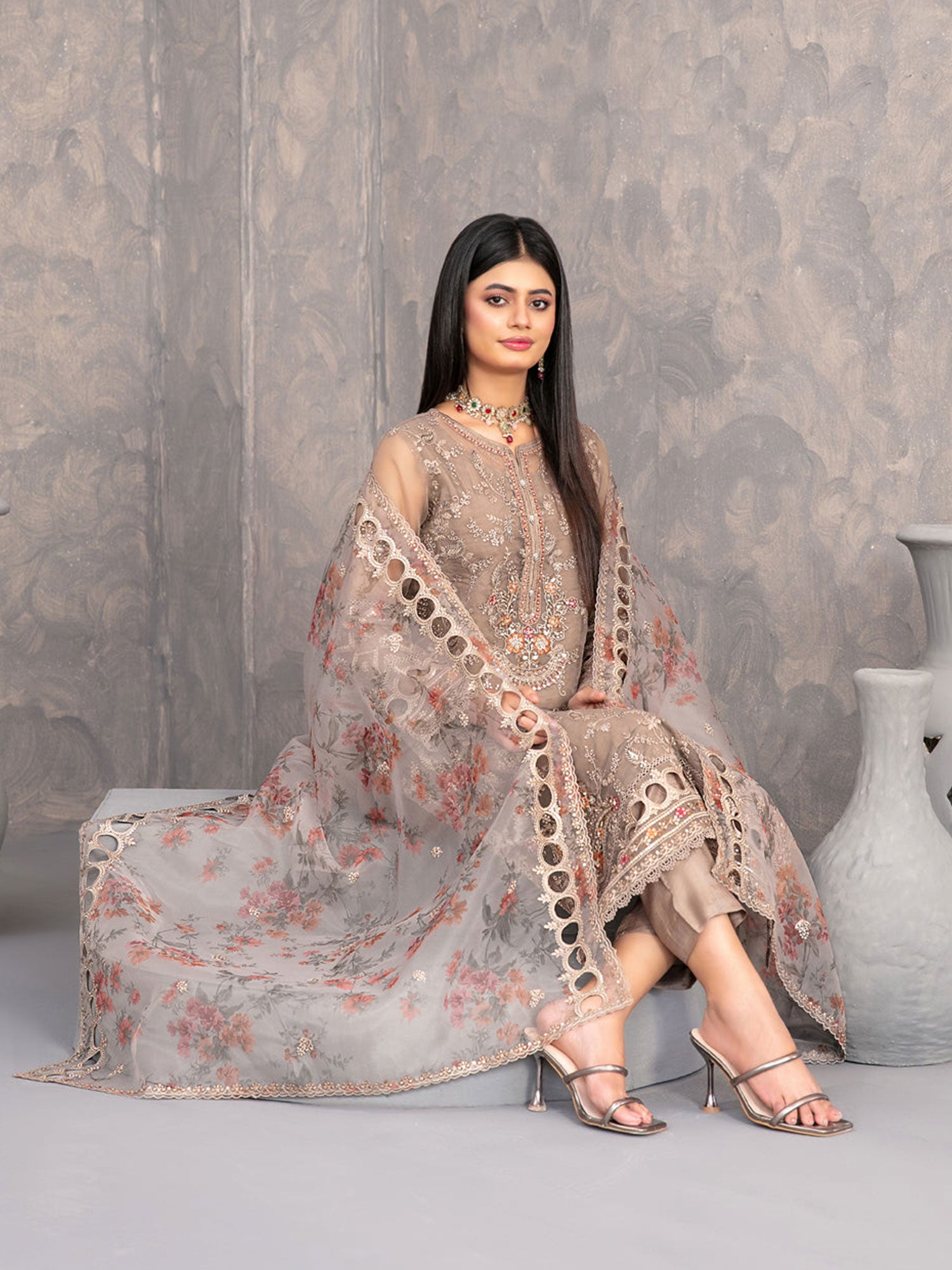 Tawakkal "Dilkash" Heavy Embroidered Organza Suit (D4271) - Brown