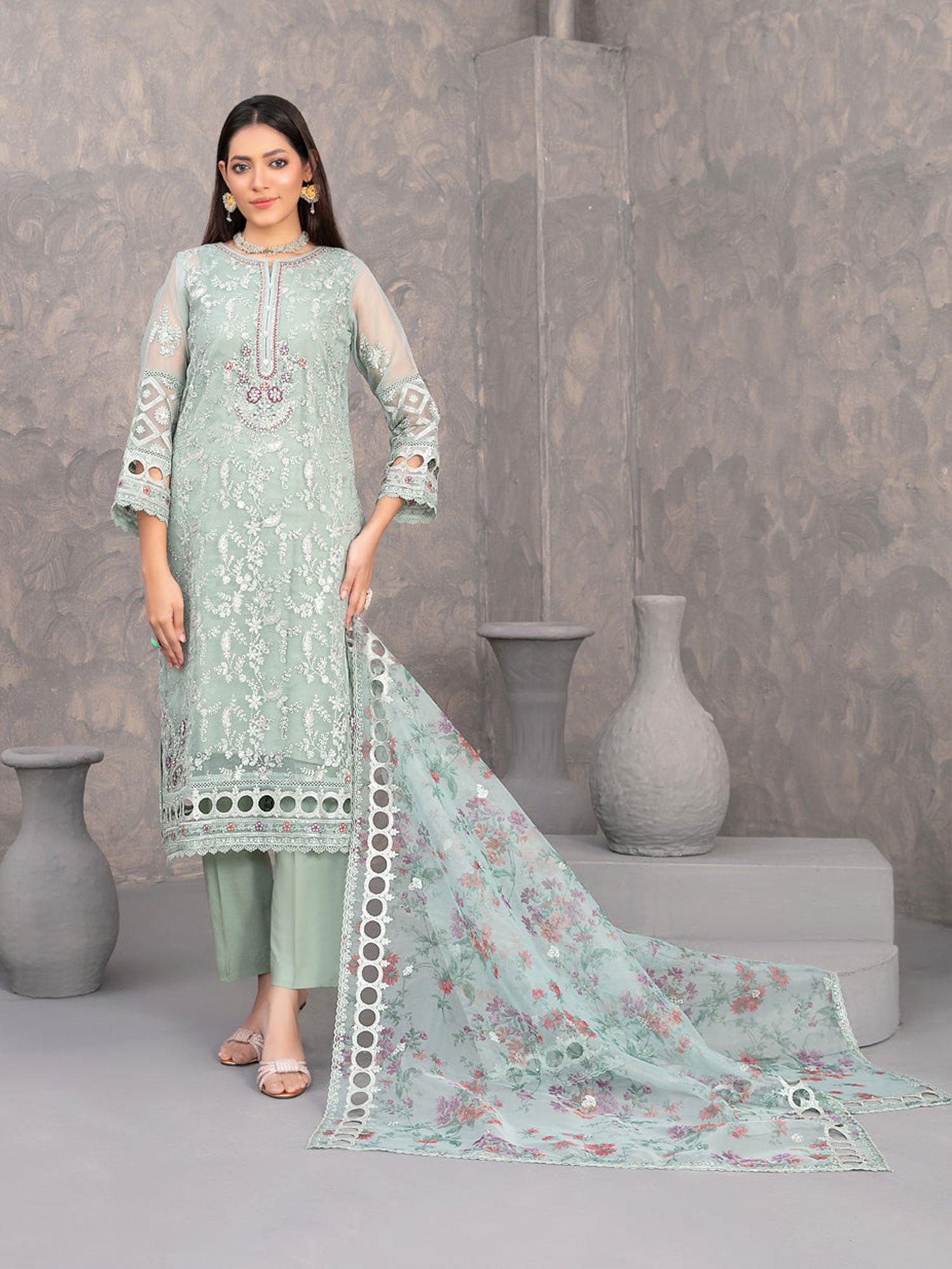 Tawakkal "Dilkash" Heavy Embroidered Organza Suit (D4274) - Mint