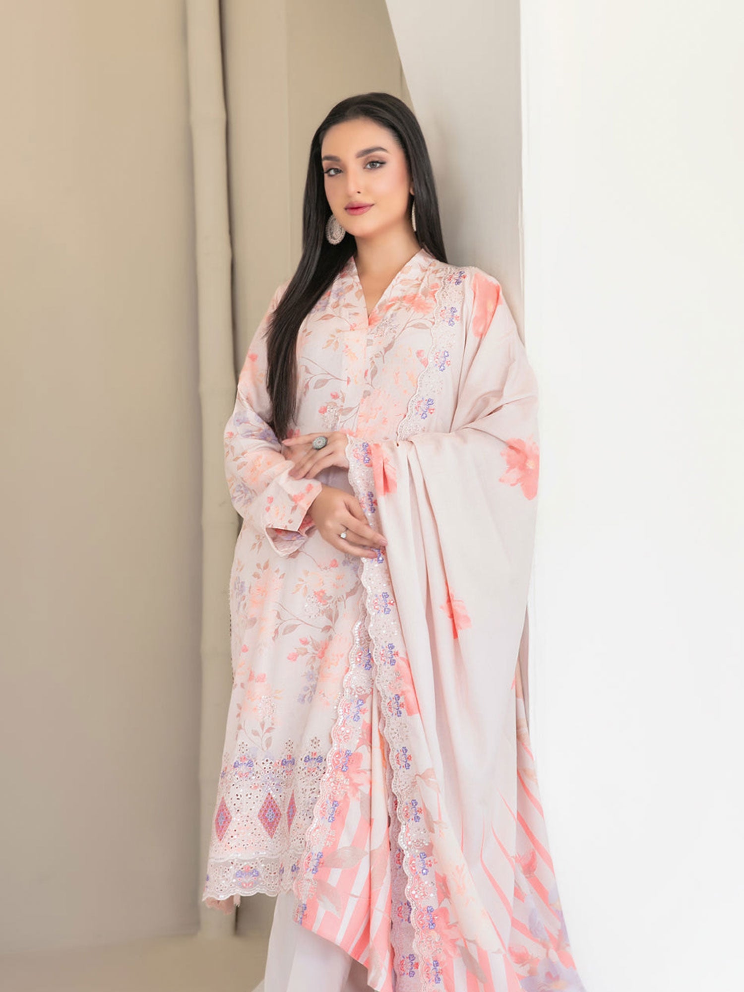 Tawakkal "Muskaan" Schiffli Embroidered Staple Linen Suit (D4416) - Pink