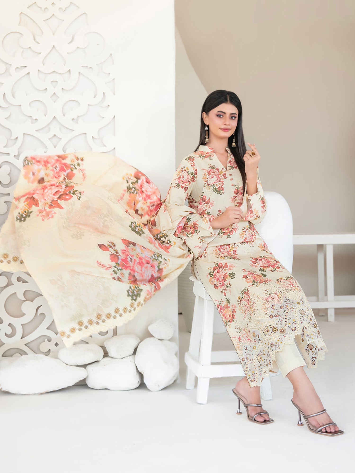 Tawakkal "Muskaan" Schiffli Embroidered Staple Linen Suit (D4417) - Cream