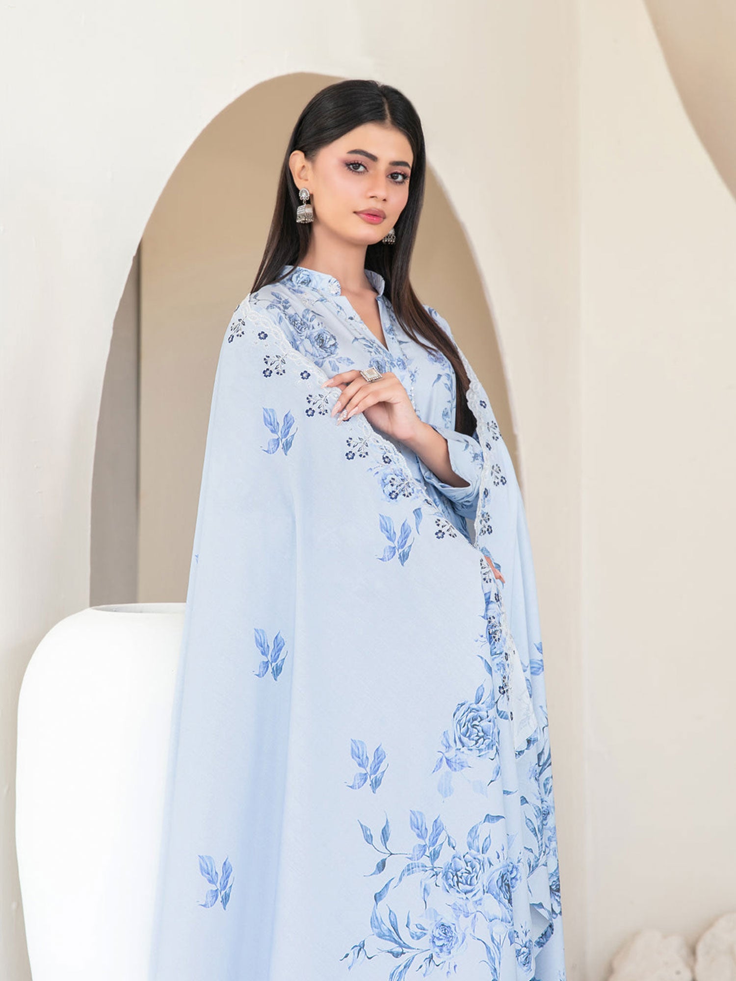 Tawakkal "Muskaan" Schiffli Embroidered Staple Linen Suit (D4424) - Light Blue