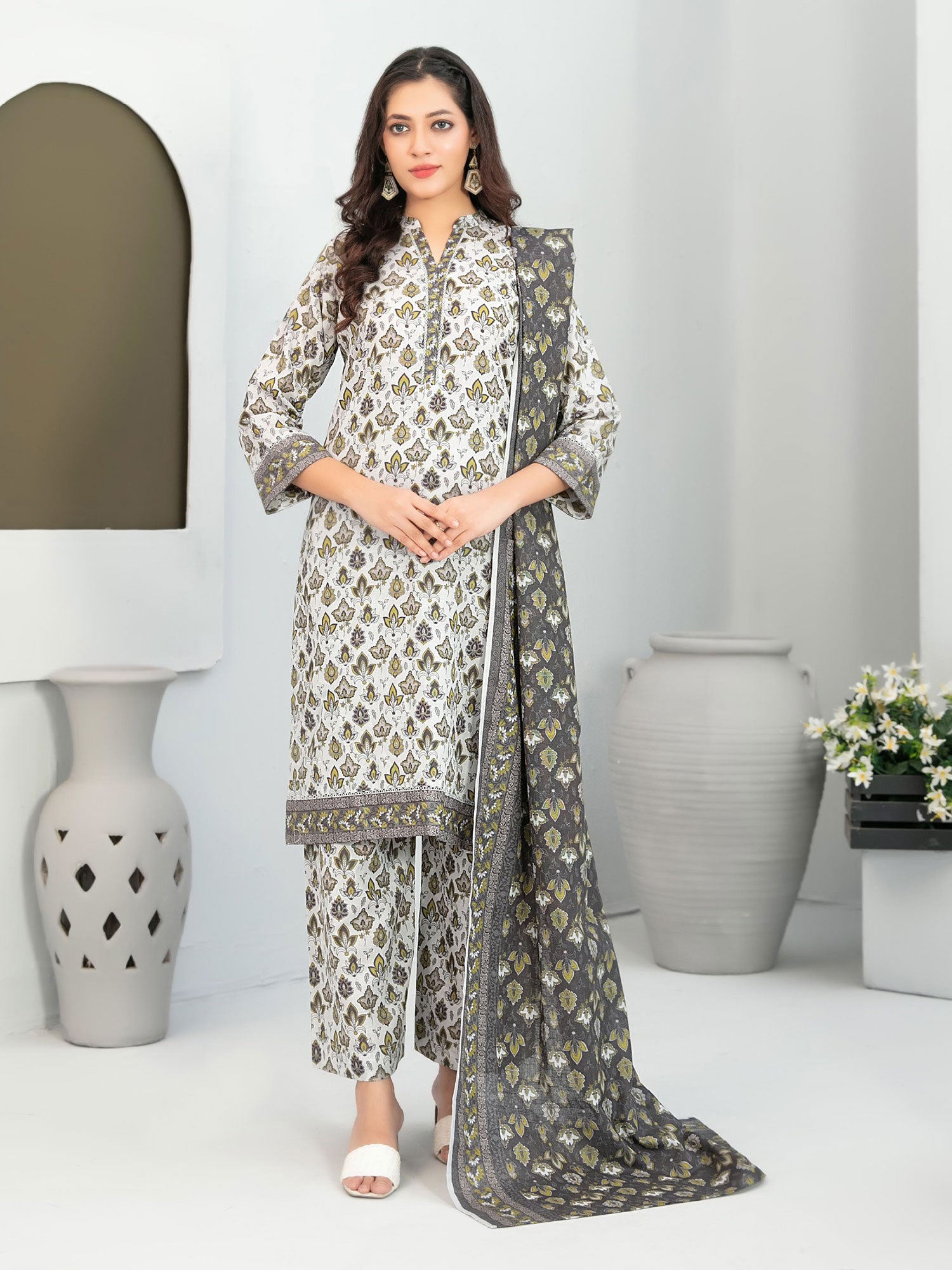Tawakkal "Nazma" Khaddar 3-Piece Suit (D5084) - Grey & Green