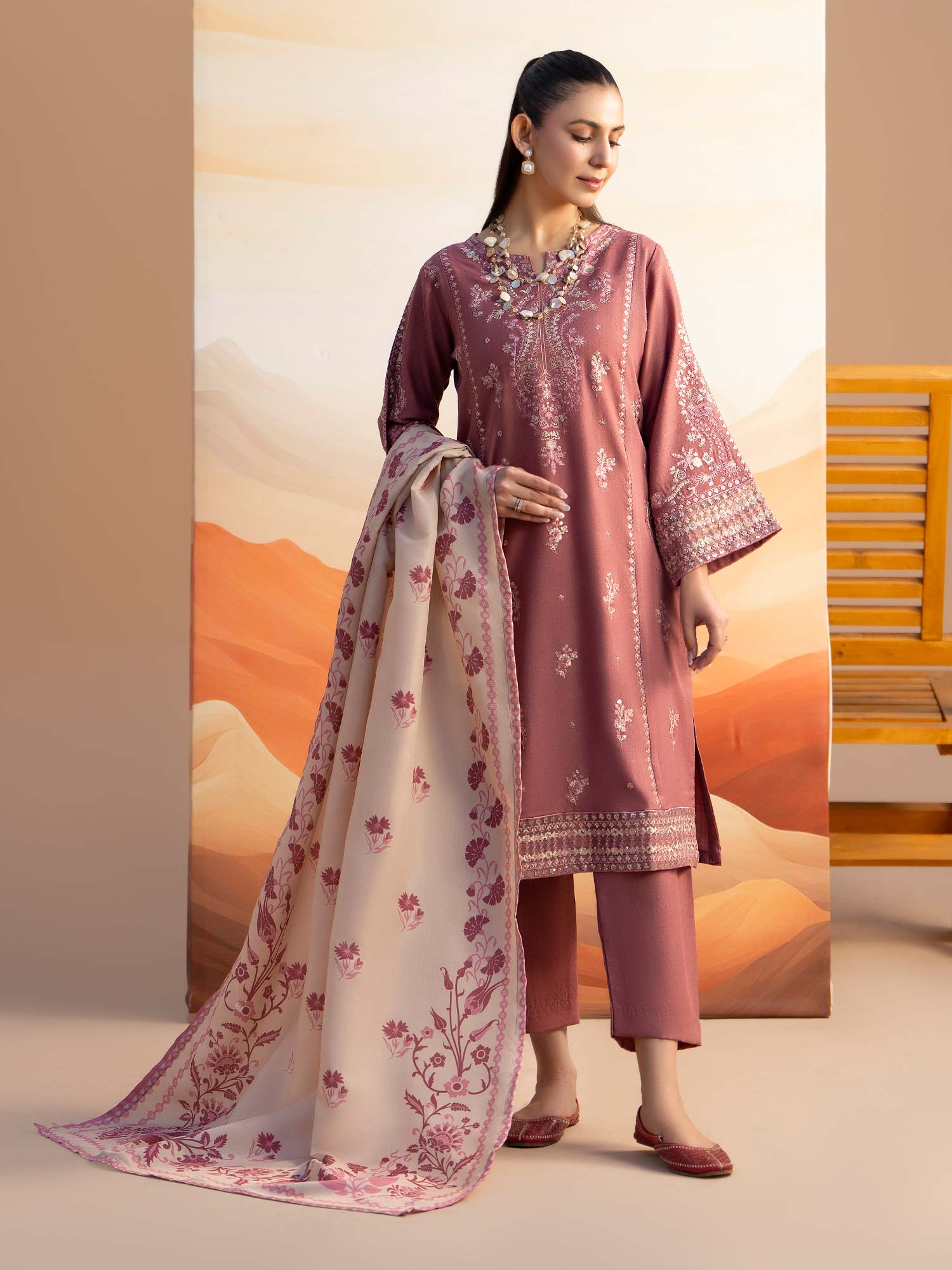 Raniya.H "Aura" Embroidered Winter Dhanak Suit - Mauve-Pink