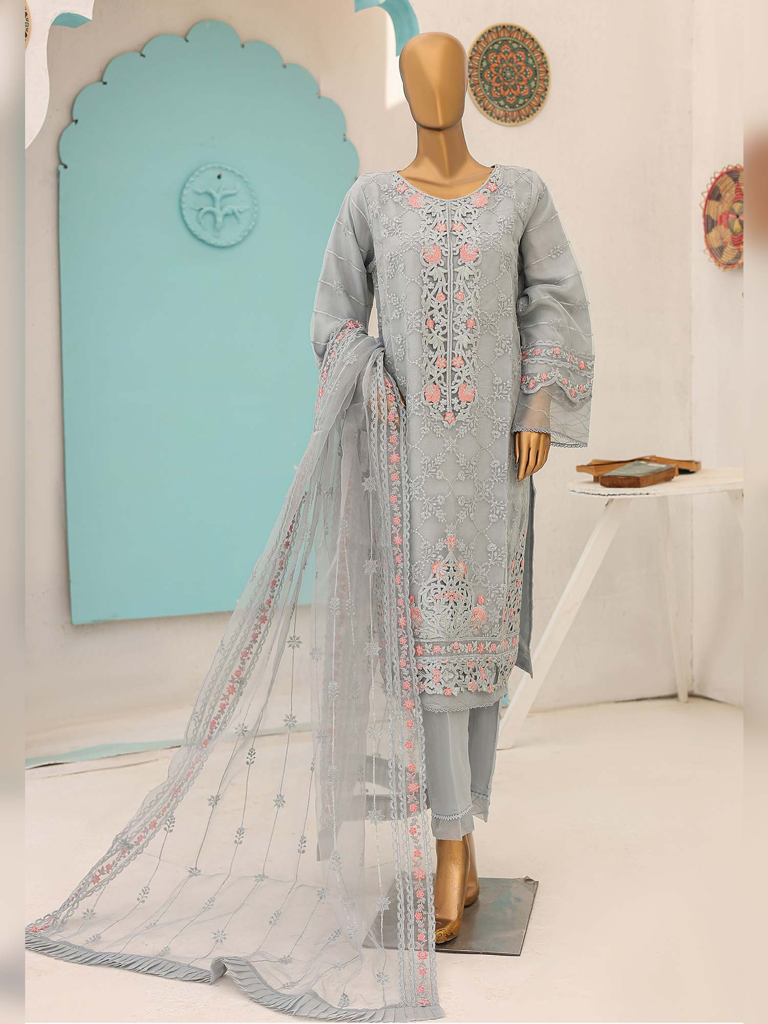 Bin Saeed Luxury Embroidered Organza Suit - Ice Blue