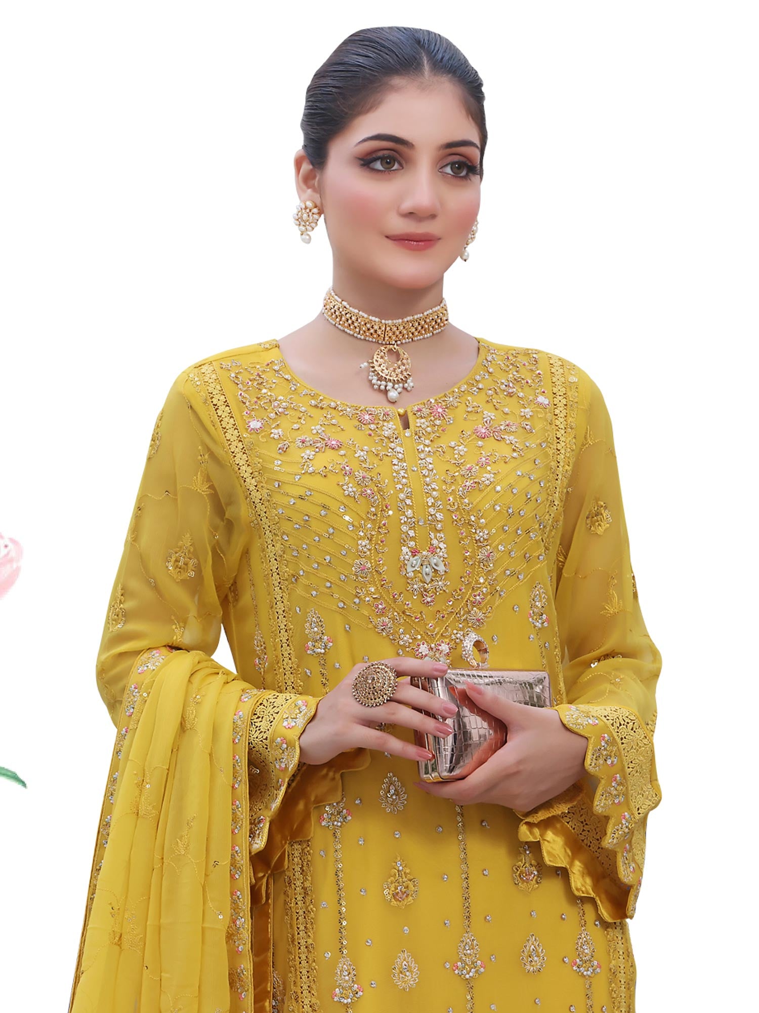 Wardah Uzair Luxury Pret Embroidered Chiffon Suit - Mustard