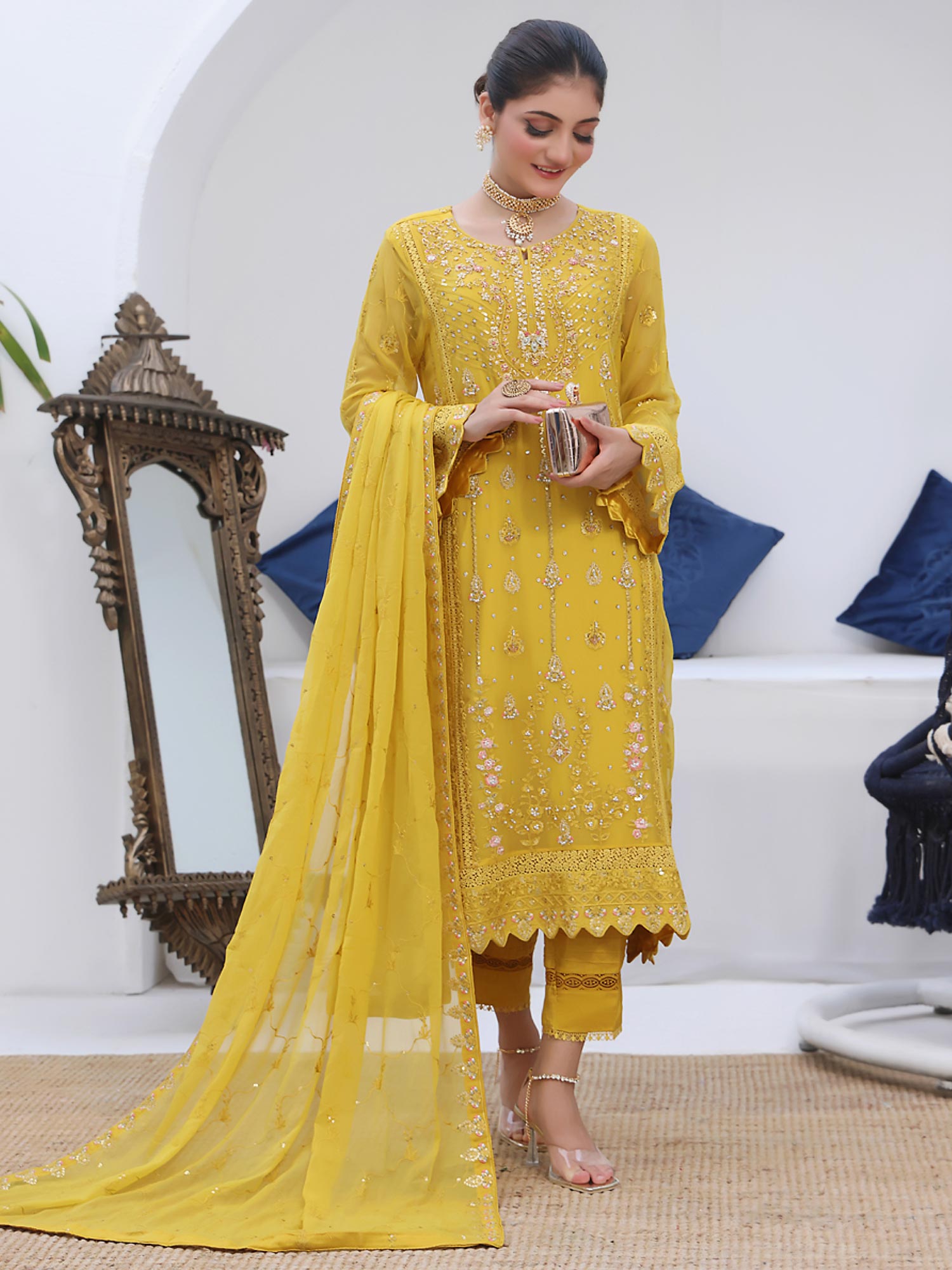 Wardah Uzair Luxury Pret Embroidered Chiffon Suit - Mustard