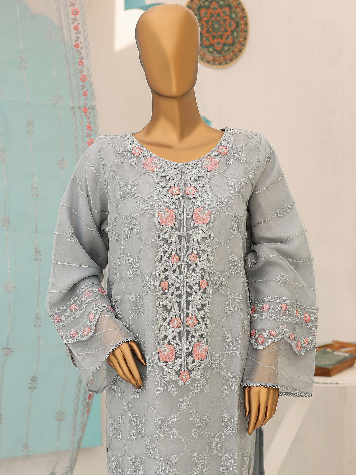 Bin Saeed Luxury Embroidered Organza Suit - Ice Blue