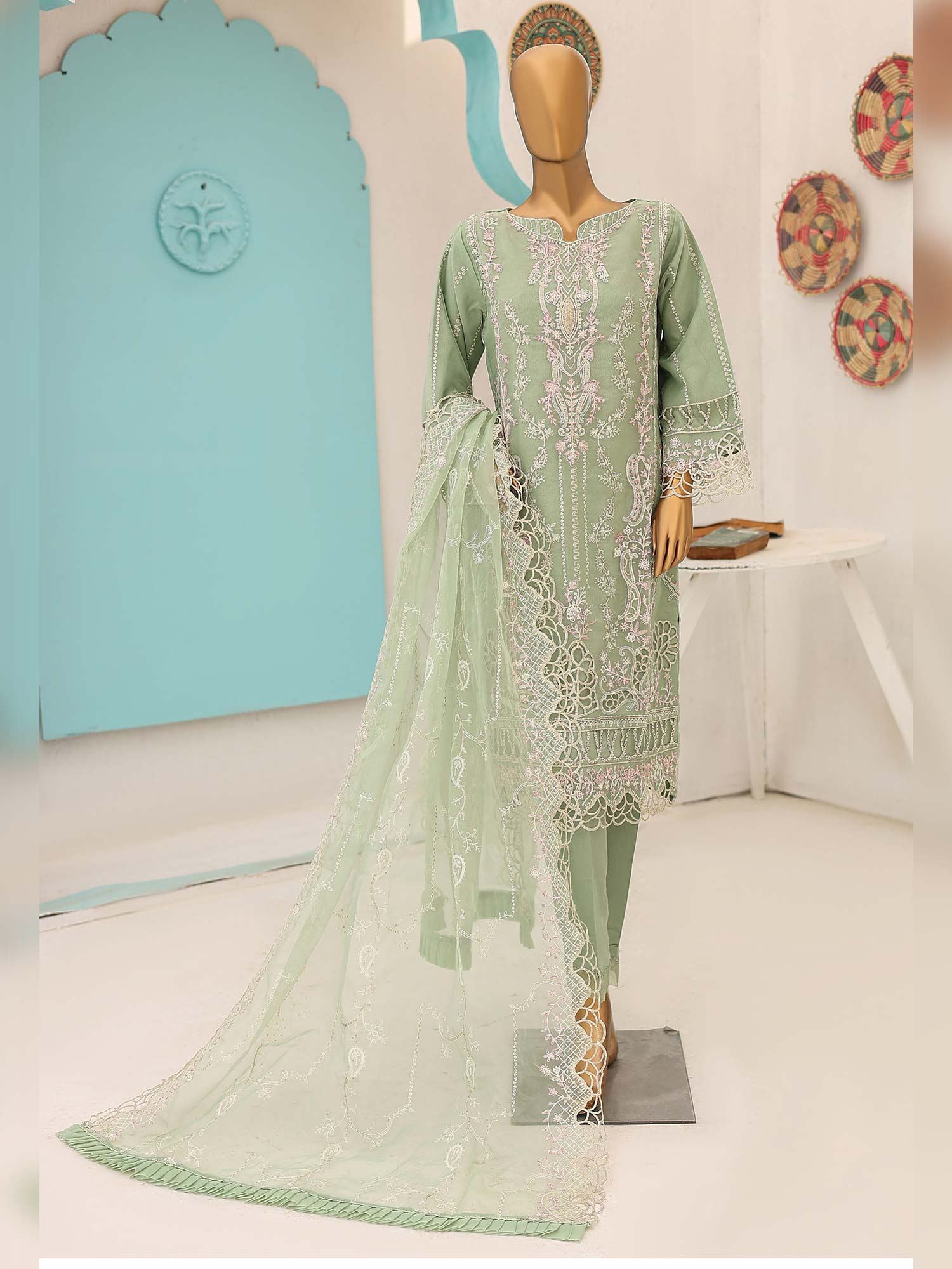 Bin Saeed Luxury Embroidered Organza Suit - Light Green