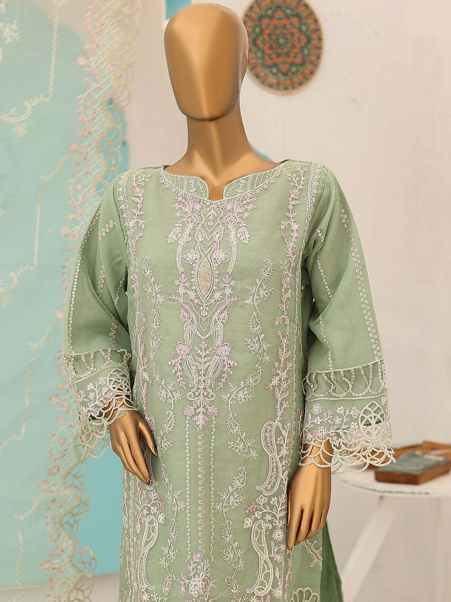 Bin Saeed Luxury Embroidered Organza Suit - Light Green